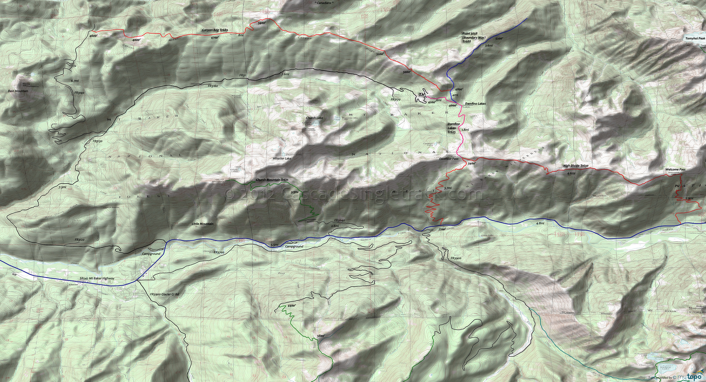 Canyon Ridge, Damfino Lakes, Boundary Way, High Divide, Church Mountain Trails Area Topo Map