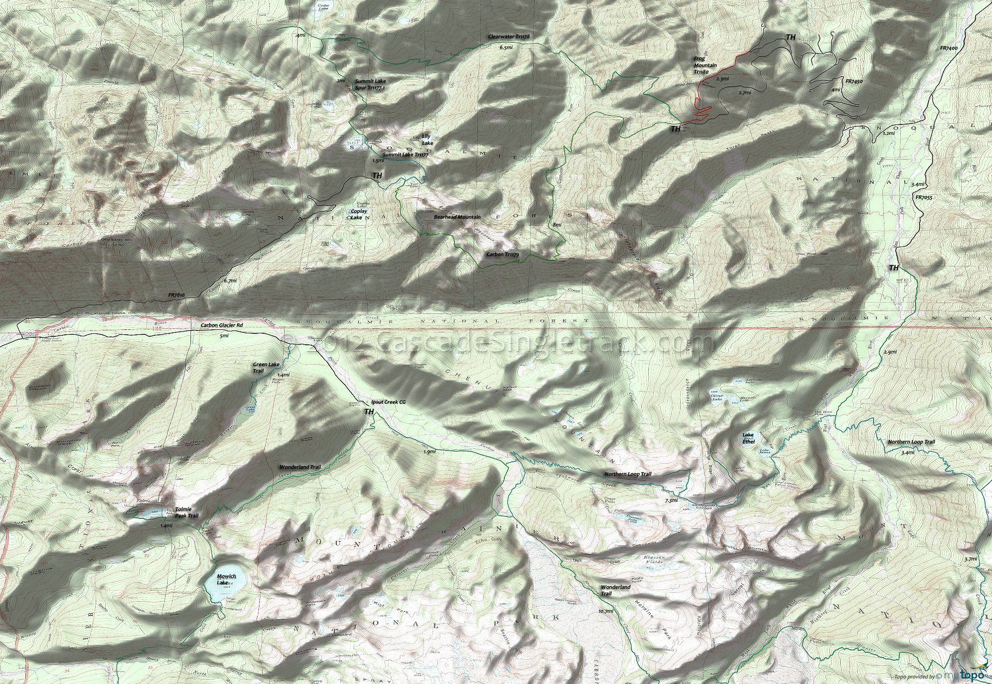 Clearwater Wilderness Bearhead Trail 1179.1, Carbon Trail 1179, Clearwater Trail 1178, Frog Mountain Trail 1180, Summit Lake Trail 1177 Area Topo Map