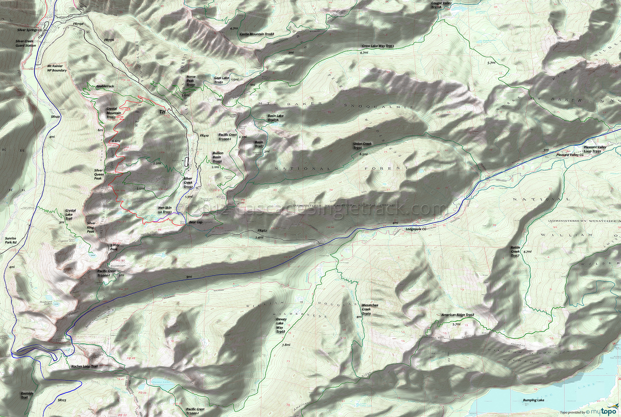 Norse Peak, Buillion Basin, Union Creek, Mesatchee Creek, Silver Creek, Hen Skin Lake, Crystal Mountain Trails Area Topo Map