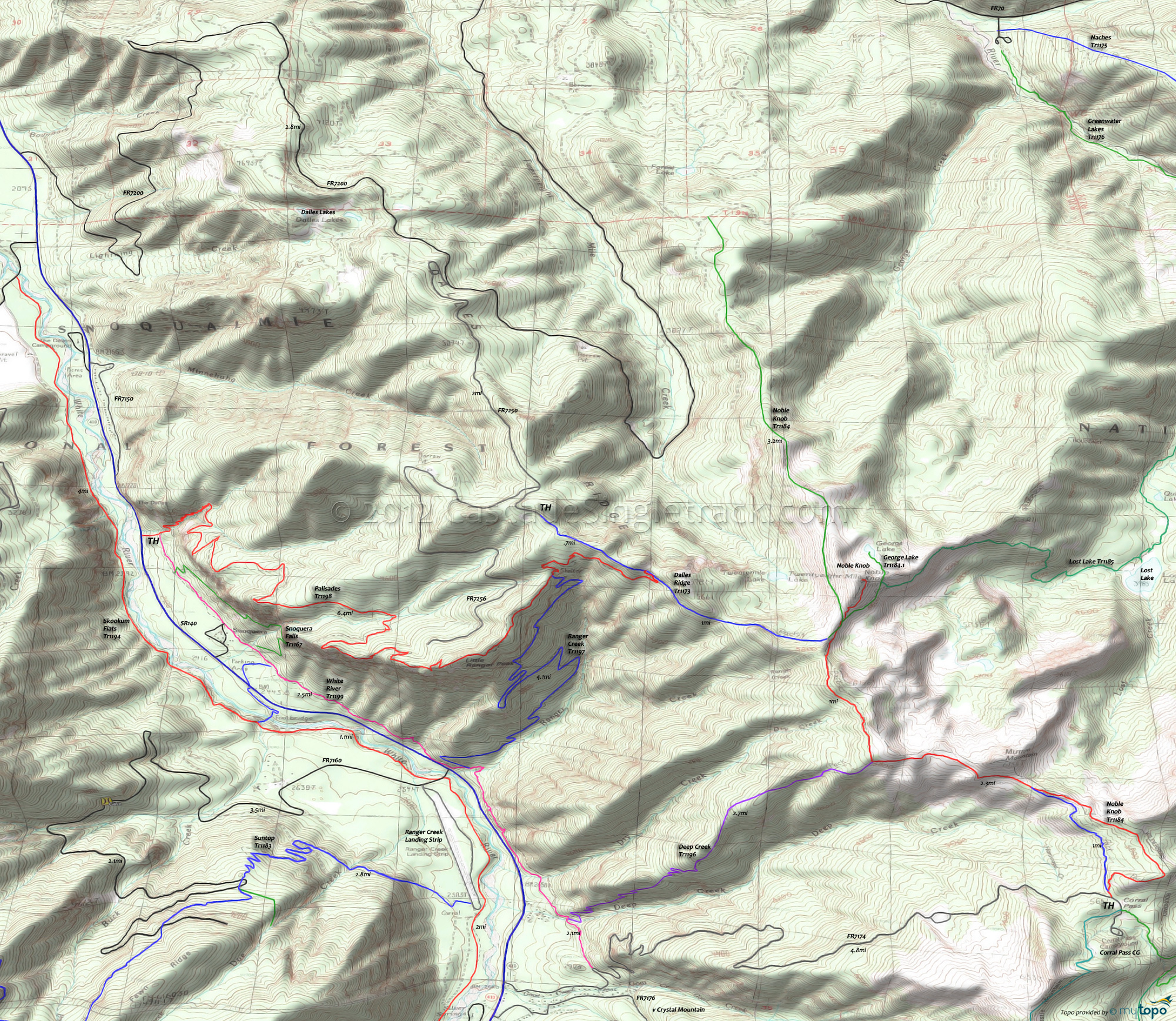 Dalles Ridge Trail 1173, Noble Knob Trail 1184, Palisades Trail 1198, White River Trail 1199 Trails Area Topo Map