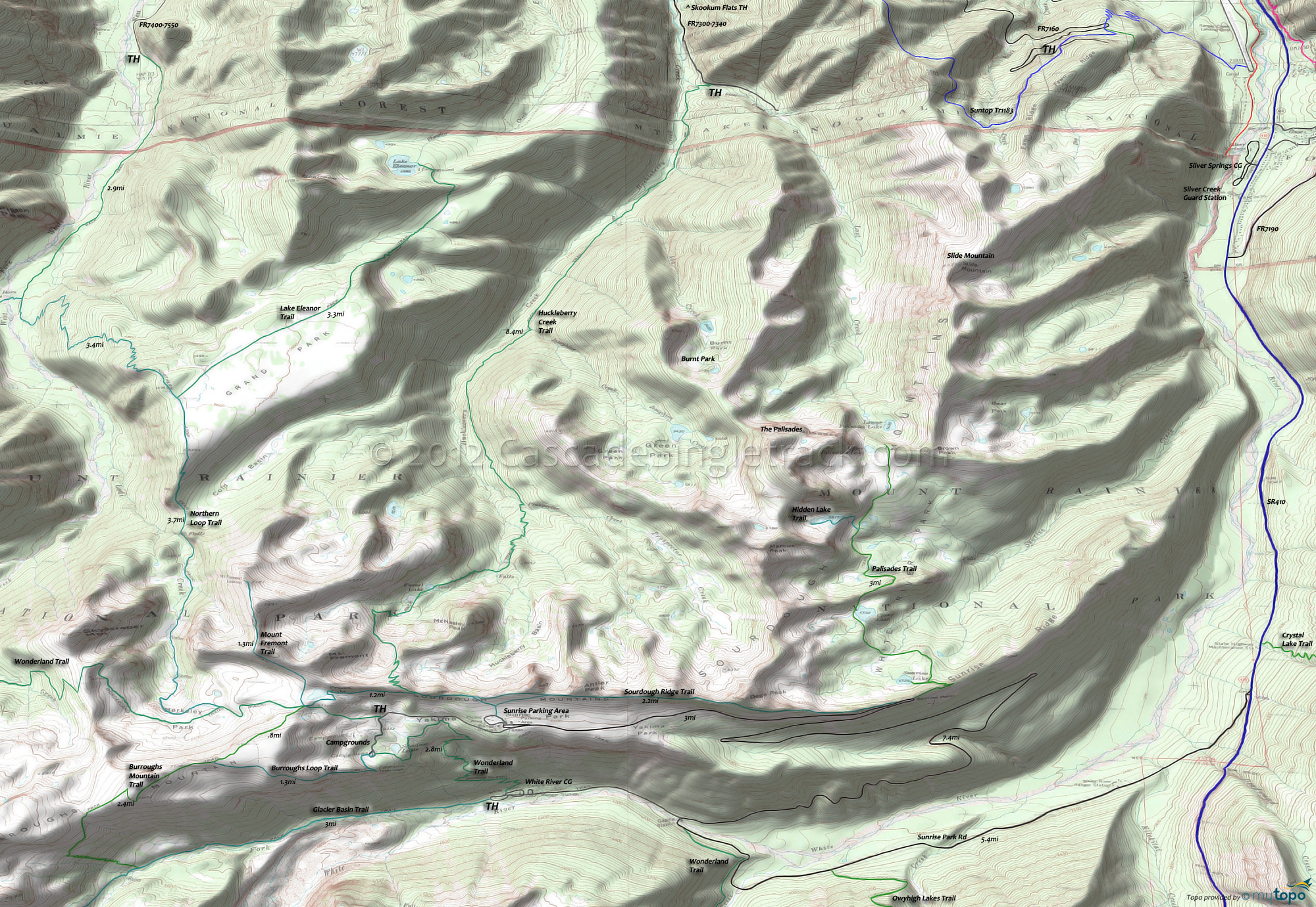 Burroughs Mountain Trail, Glacier Basin Trail, Huckleberry Creek Trail, Lake Eleanor Trail, Mount Fremont Trail, Palisades Trail, Sourdough Ridge Trail, Wonderland Trail Area Topo Map