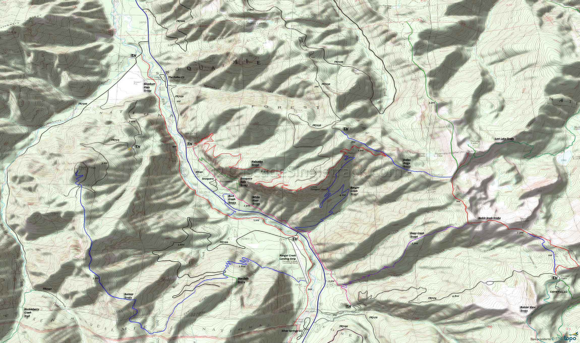 Buck Creek Trail 1169, Dalles River Trail 1204A, Skookum Flats Trail 1194, White River Trail 1199 Area Topo Map