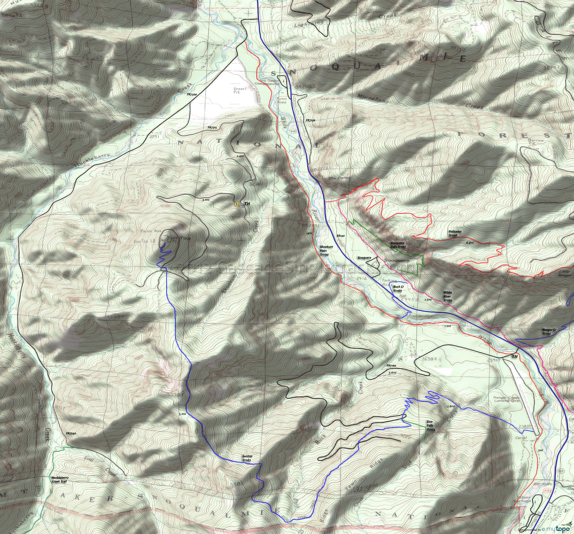 Doe Falls Trail 1174, Skookum Flats Trail 1194, Suntop Trail 1183 Area Topo Map