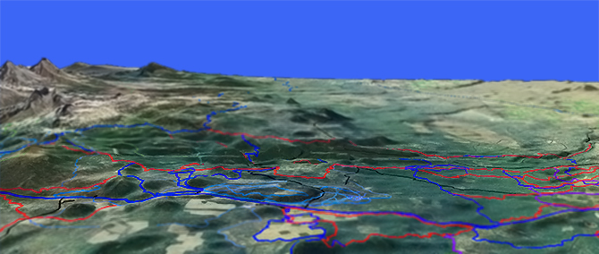3D view of Bens Trail 50, Kents Trail 43, MTB Trail 51, Sector 16 Trail 27, Skyliners Trail 28 Mountain Biking and Hiking Trails
