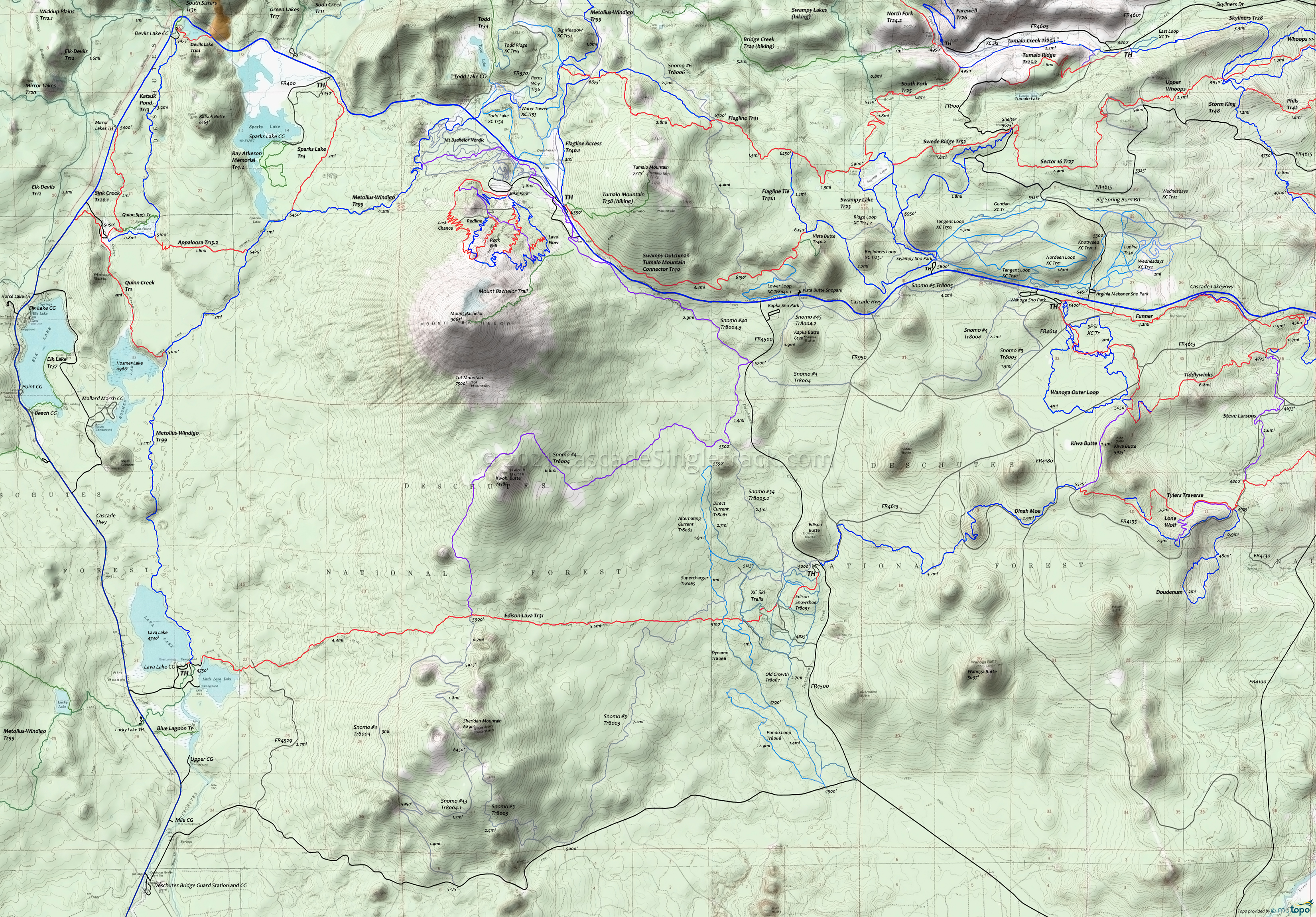 High Cascade Loop: Edison-Lava Trail 31, Metolius-Windigo Trail 99, Snowmobile #4 Tr8004, Snowmobile #40 Tr8004.3 Trails Area Topo Map