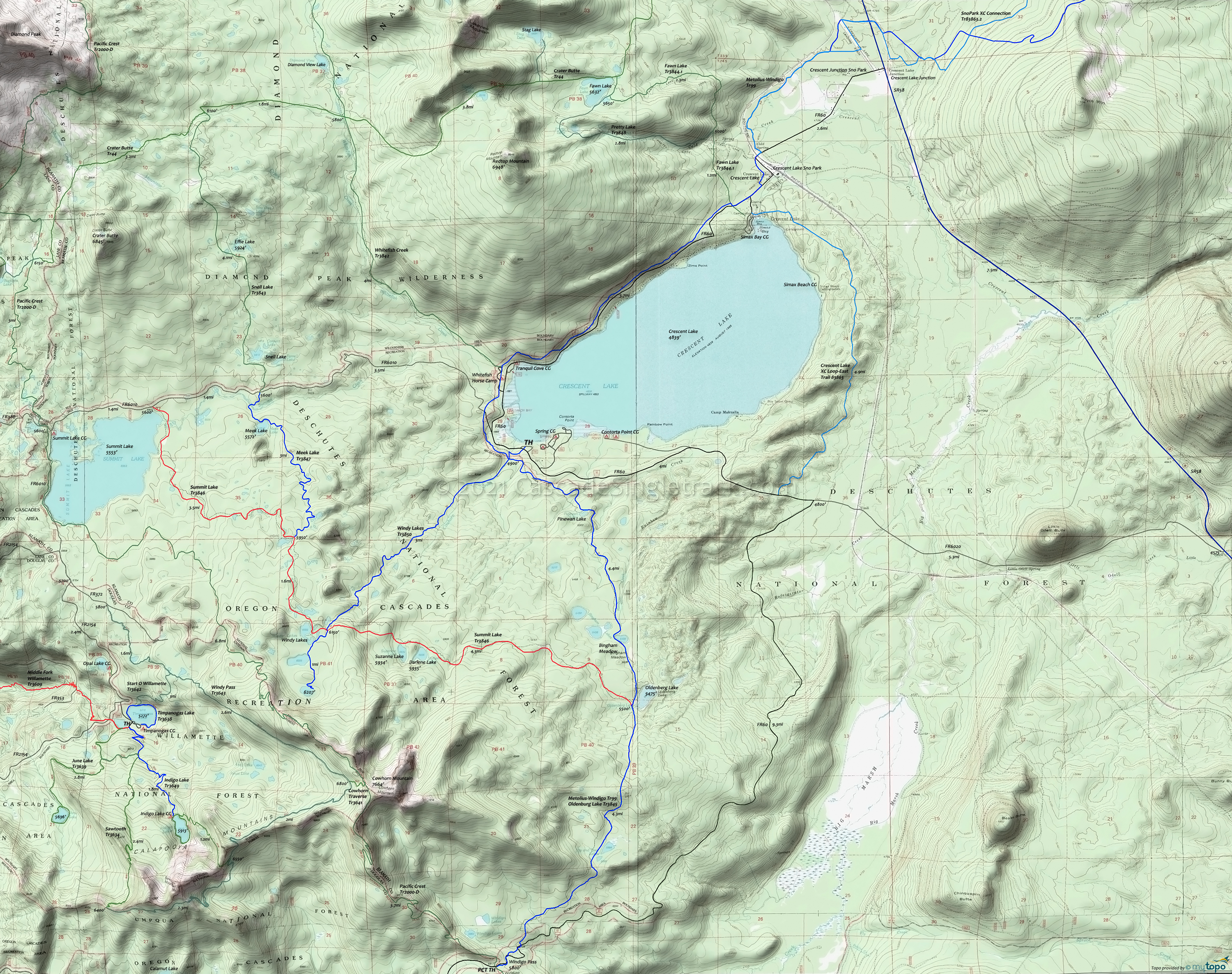 Meek Lake Trail 3847, Metolius-Windigo Trail 99, Oldenburg Lake Trail 3845, Summit Lake Trail 46, Windy Lakes Trail 3850 Trails Area Topo Map