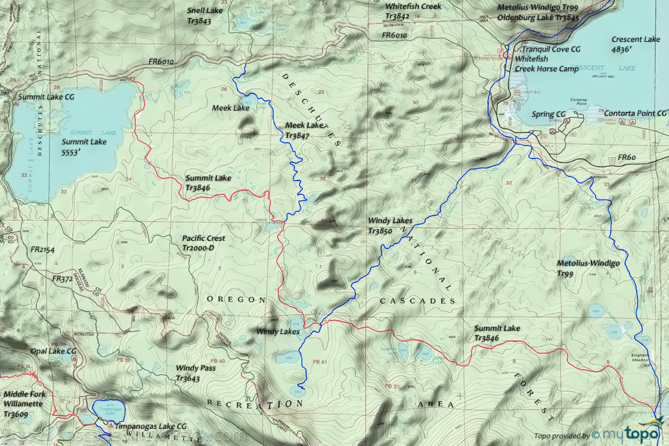 Crescent to Windy Lake: Oldenburg Lake, Summit Lake, Meek Lake, Windy Lakes Topo Map
