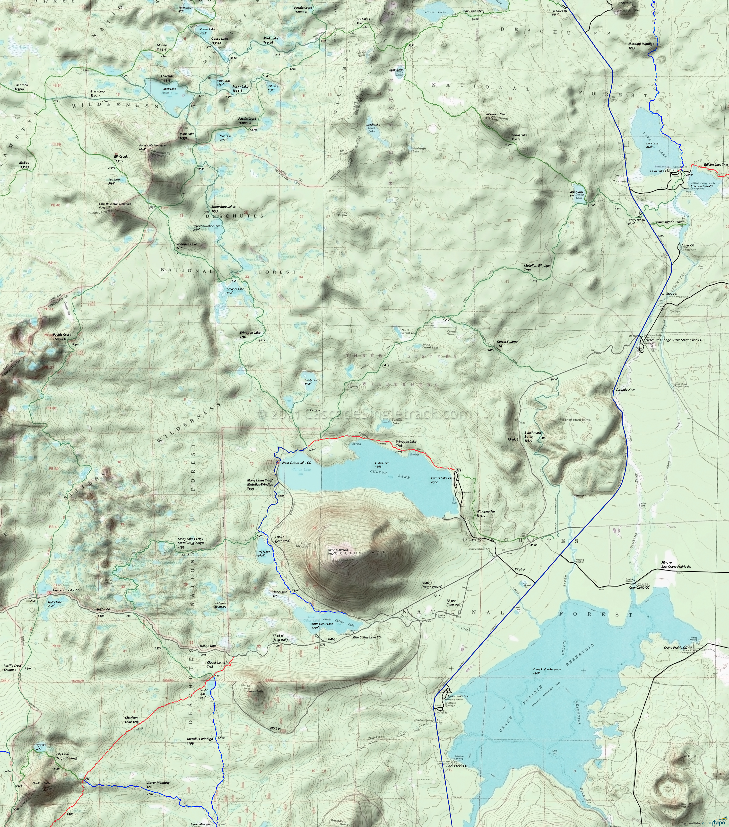 Deer Lake Trail 6, Many Lakes Trail 15, Metolius-Windigo Trail 99, Winopee Lake Trail 16, Winopee Tie Trail 16.5 Area Topo Map