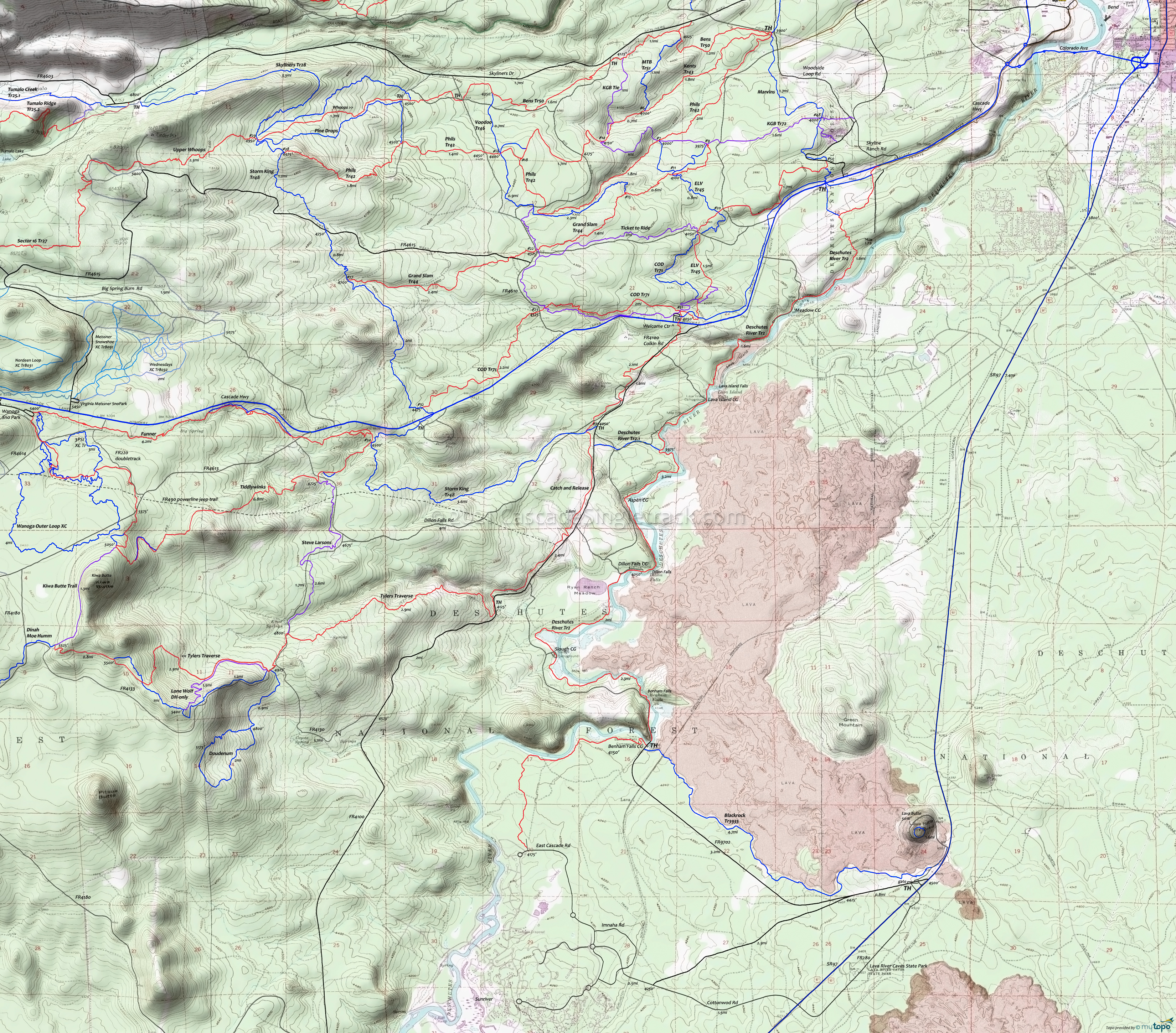 Blackrock Trail 3935, COD Trail 71, Deschutes River Trail 2.1, Elfin Magic Trail 45, Grand Slam Trail 44, KGB Trail 72, Storm King Trail 48 Trails Area Topo Map