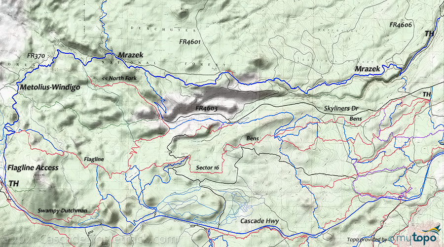 View of Mount Bachelor to Bend: Flagline, Metolius-Windigo, Mrazek Shuttle Topo Map