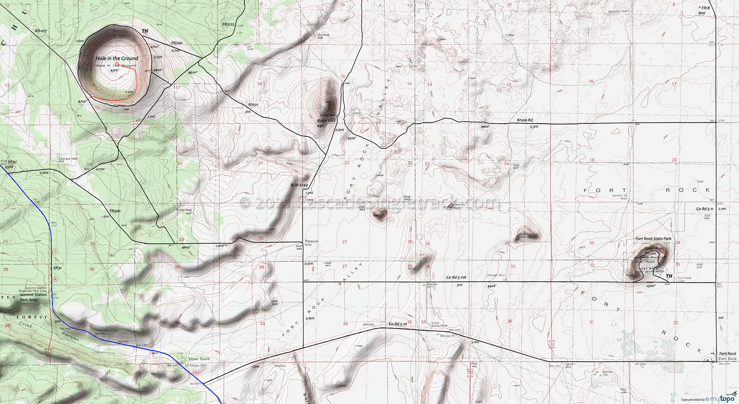 Fort Rock State Park to Hole in the Ground Trail Area Topo Map