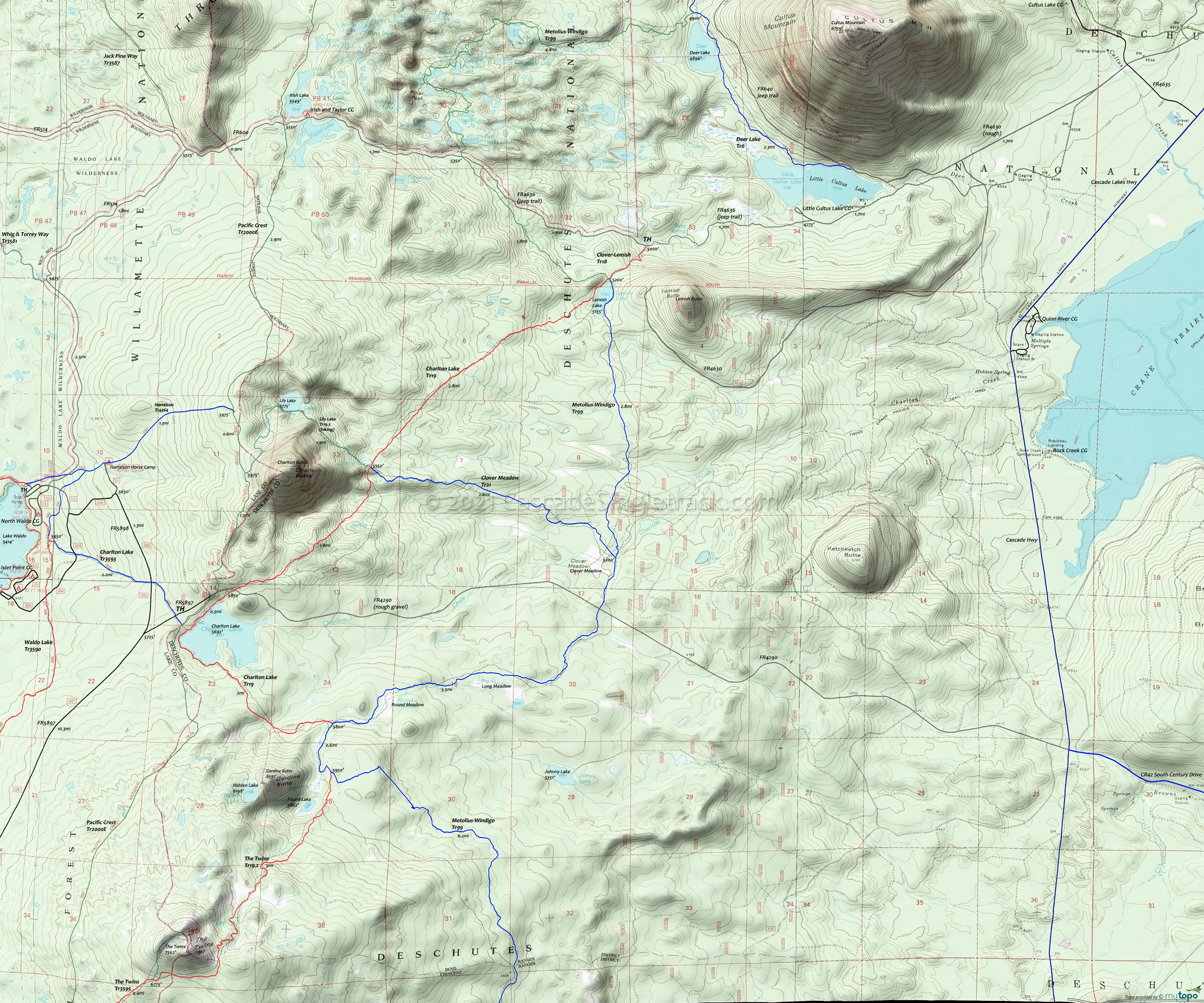 Charlton Lake Trail 19, Clover-Lemish Trail 18, Clover Meadow Trail 21, Lily Lake Trail 19.3, Metolius-Windigo Trail 99 Trails Area Topo Map