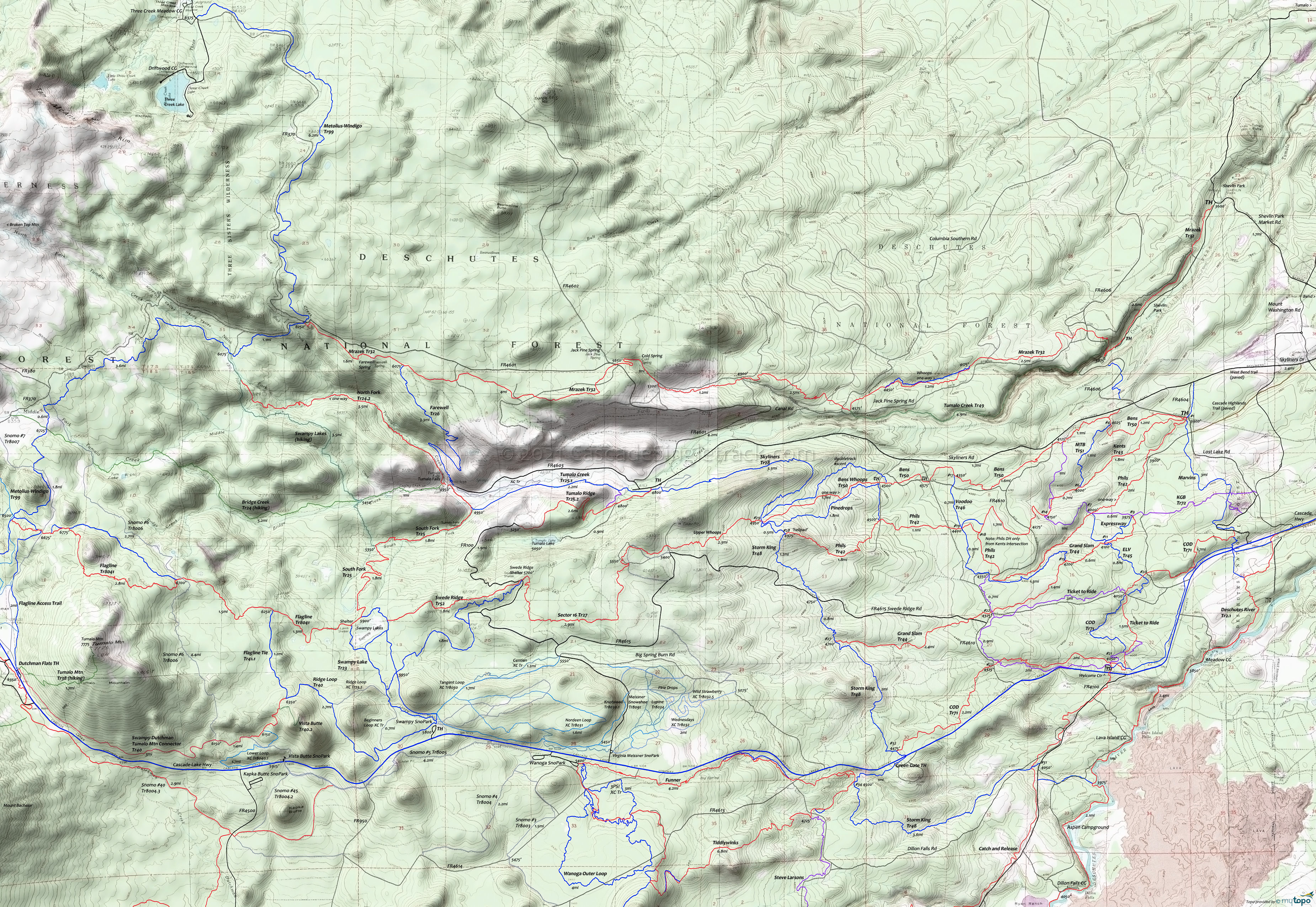 Bens Trail 50, Farewell Trail 26, Mrazek Trail 32, North Fork Trail 24.2, Skyliners Trail 28, Tumalo Creek Trail 49 Trails Area Topo Map