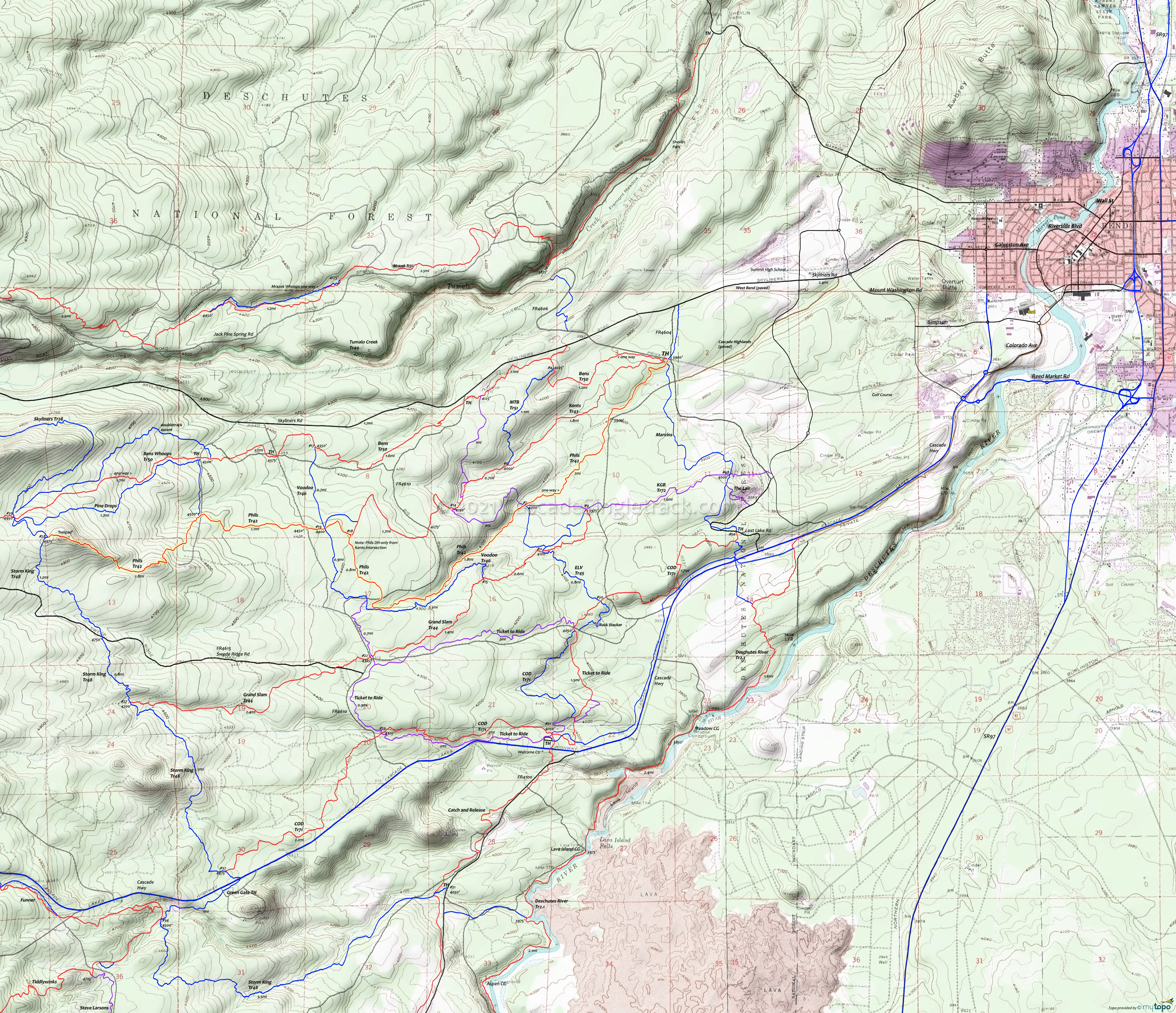  Bens Trail 50, COD Trail 71, Elfin Magic Trail 45, Grand Slam Trail 44, Kents Trail 43, KGB Trail 72, Phils Trail 42, Storm King Trail 48, Voodoo Trail 46 Area Topo Map