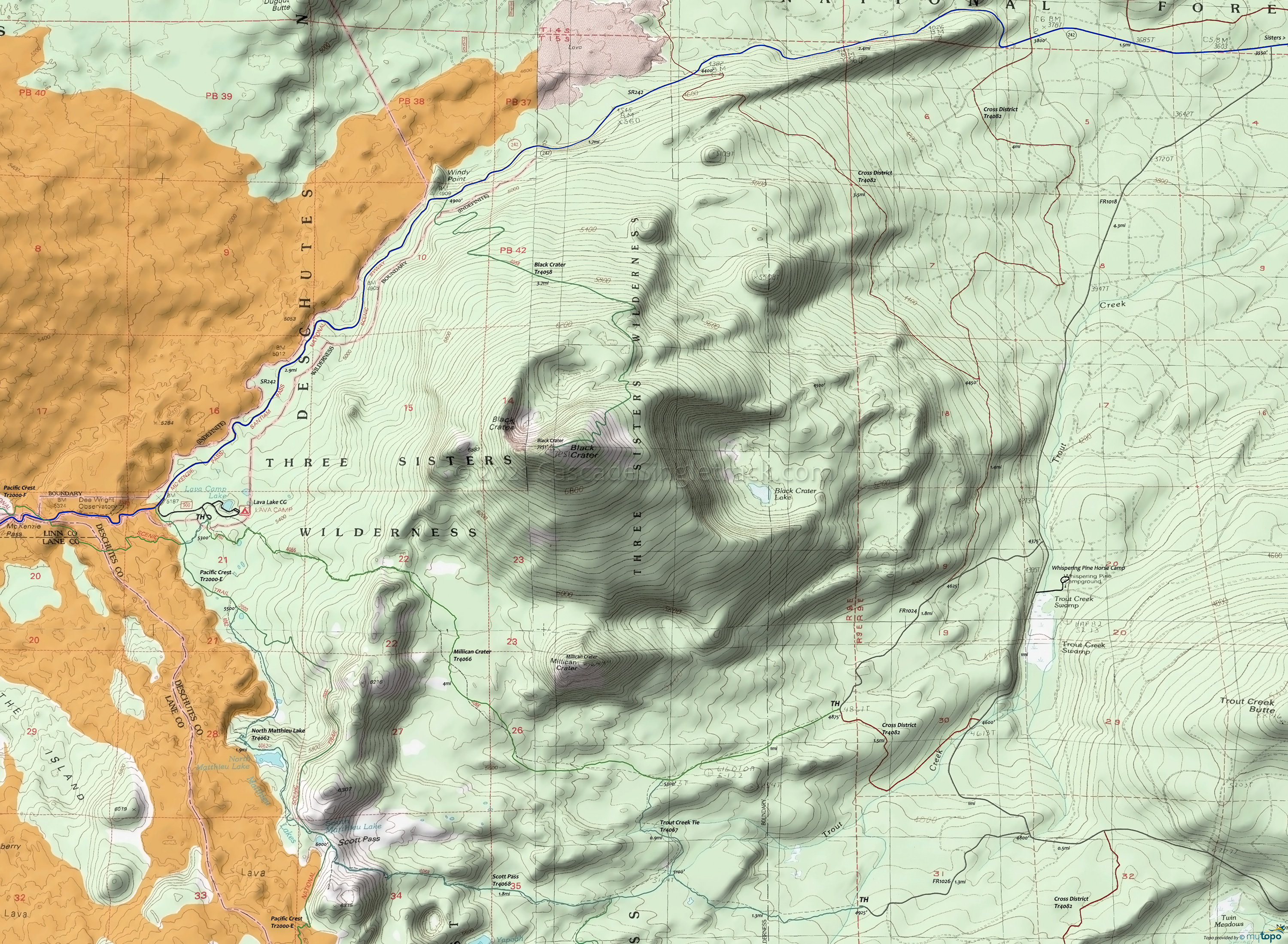 Millican Crater, Scott Pass Area Trails Area Topo Map
