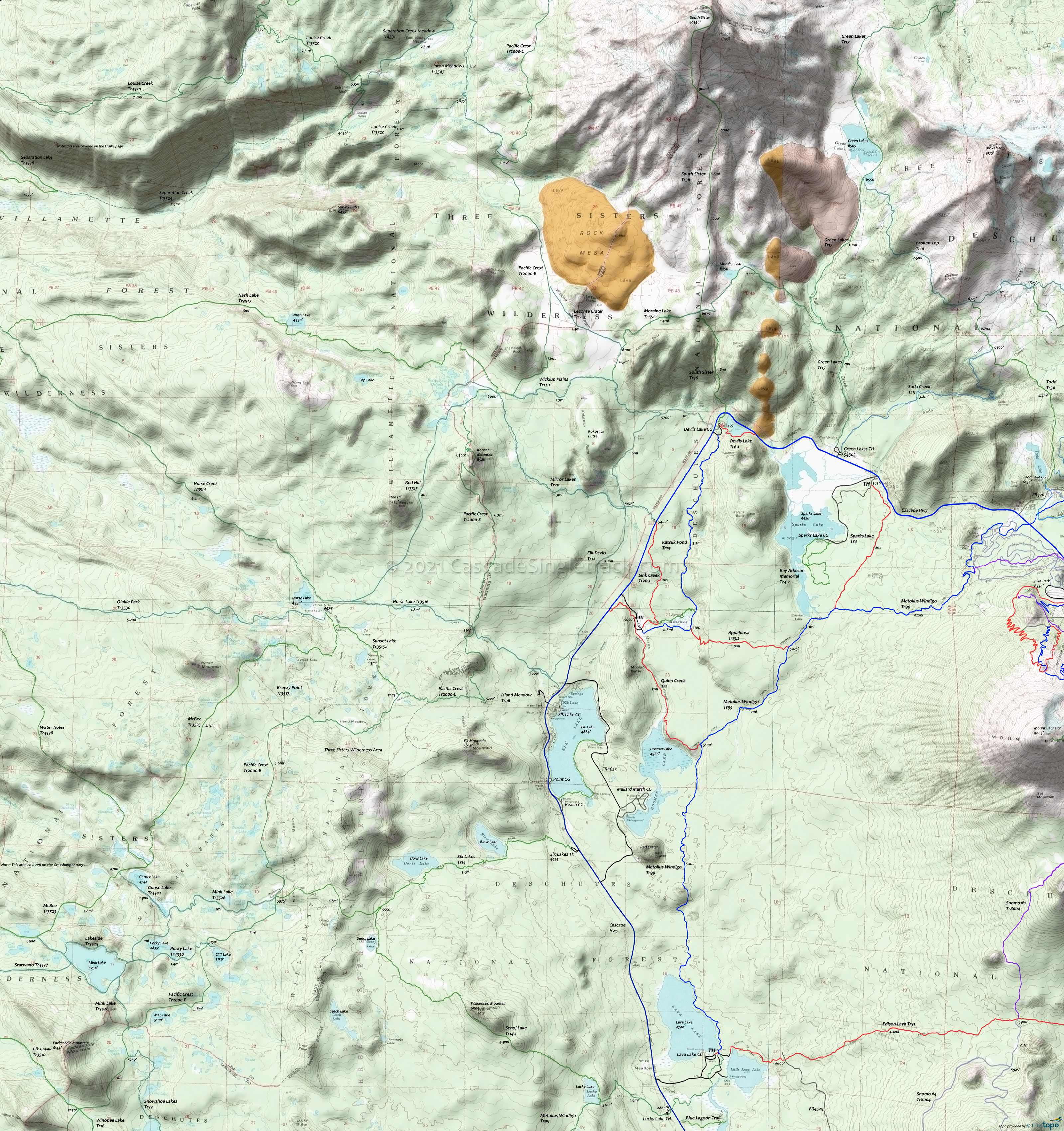 Appaloosa Trail 13.2, Devils Lake Trail 6.1, Katsuk Pond Trail 13, Metolius-Windigo Trail 99, Quinn Creek Trail 1, Sink Creek Trail 20.1, Sparks Lake Trail 4 Area Topo Map