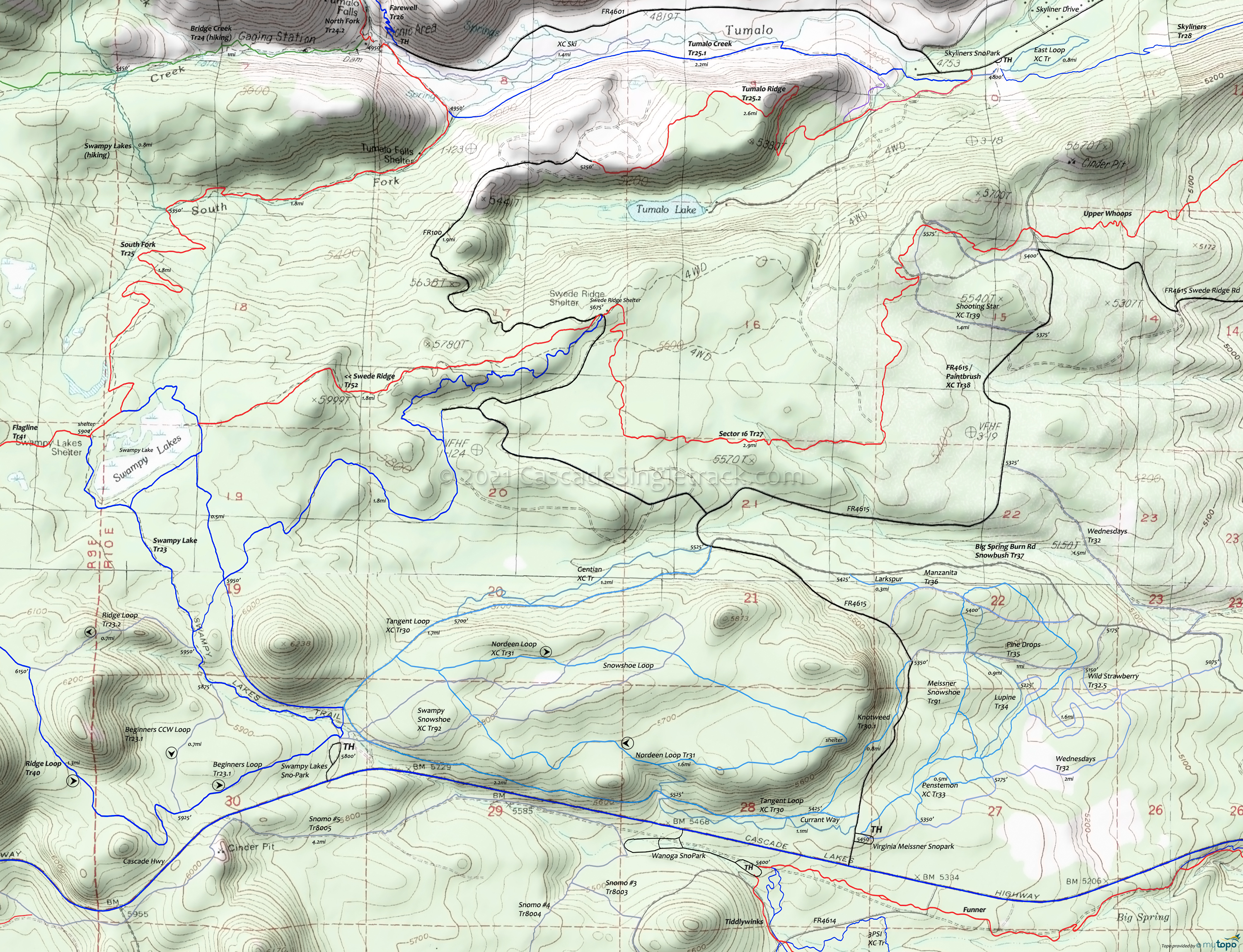 Vista Butte Snopark, Swampy Snopark and Virginia Meissner Snopark XC Ski and Nordic Trails Area Topo Map