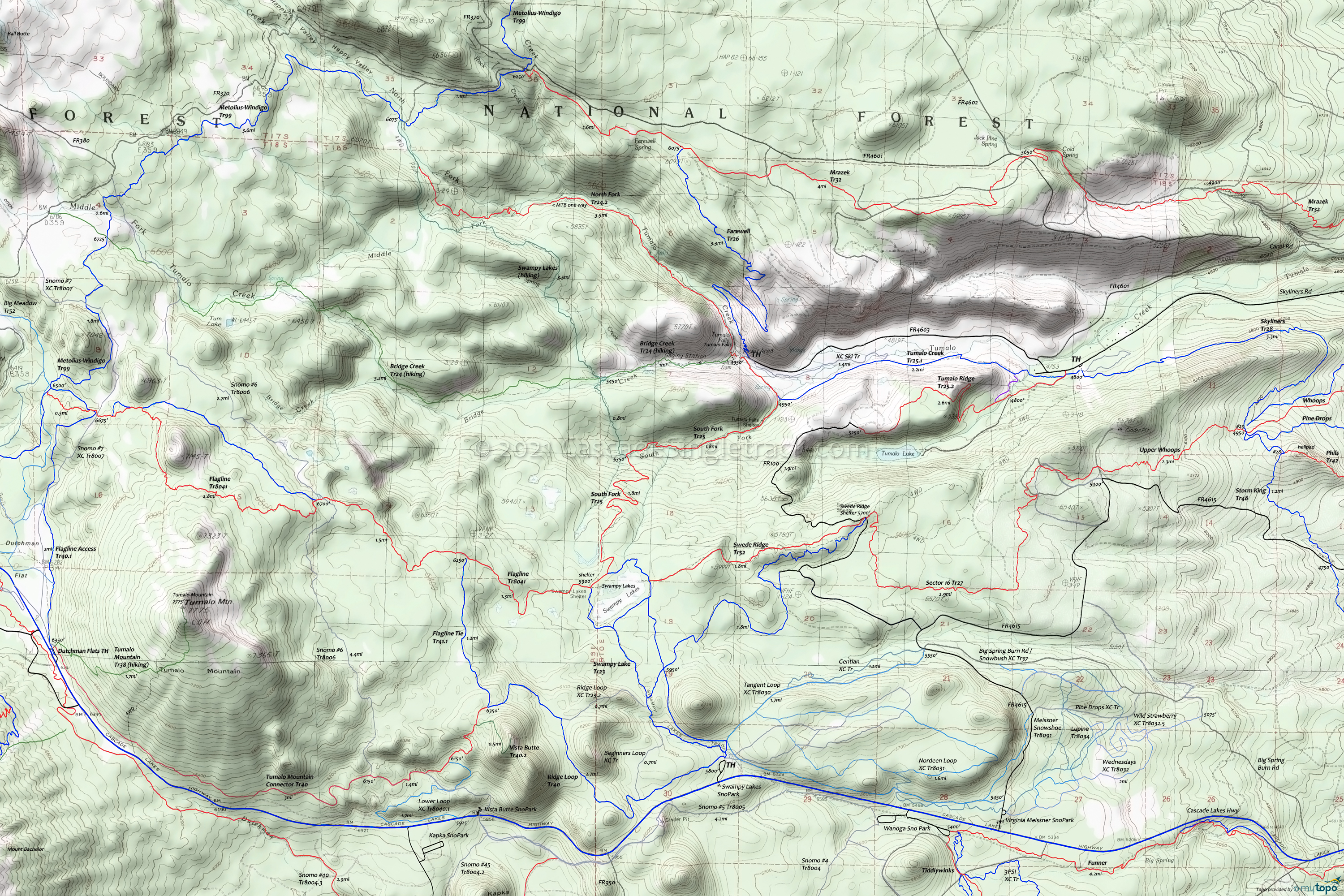 Flagline Trail 41, Metolius-Windigo Trail 99, North Fork Trail 24.2, South Fork Trail 25, Swampy Lake Trail 23, Swede Ridge Trail 52, Tumalo Creek Trail 25.1, Tumalo Ridge Trail 25.2 Area Topo Map