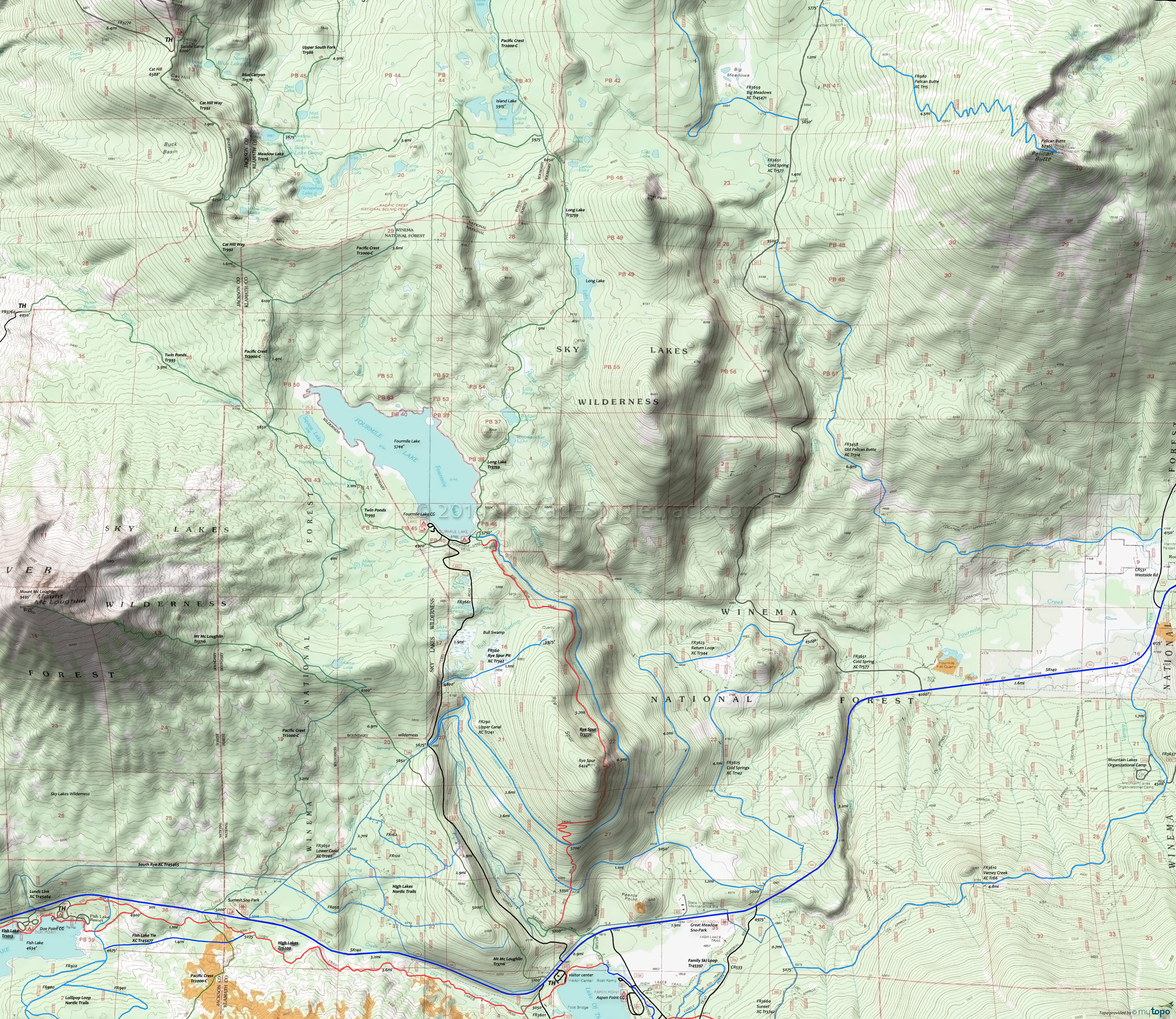 Long Lake Trail 3759, Mount McLoughlin Trail 3716, Mountain Lakes Trail 3721, Rye Spur Trail 3771 Area Topo Map