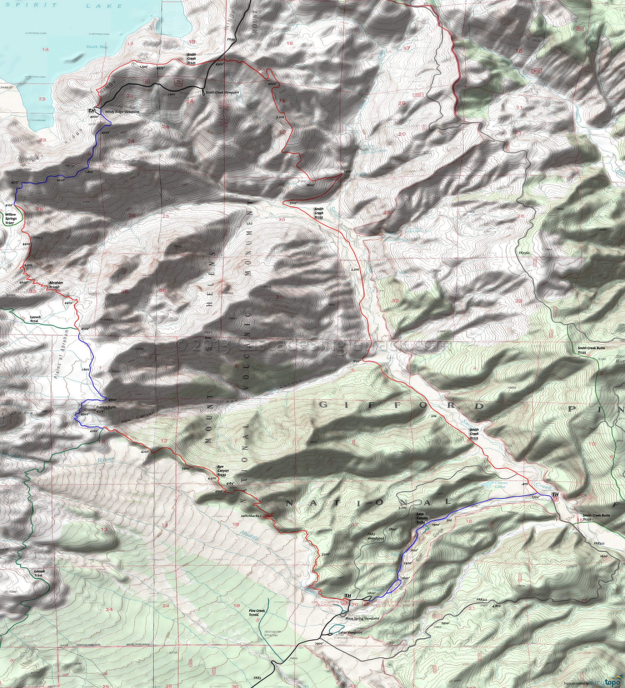 Abraham Trail 216D, Ape Canyon Trail 234, Loowit Trail 216, Smith Creek Trail 225, Willow Springs Trail 207 Area Topo Map