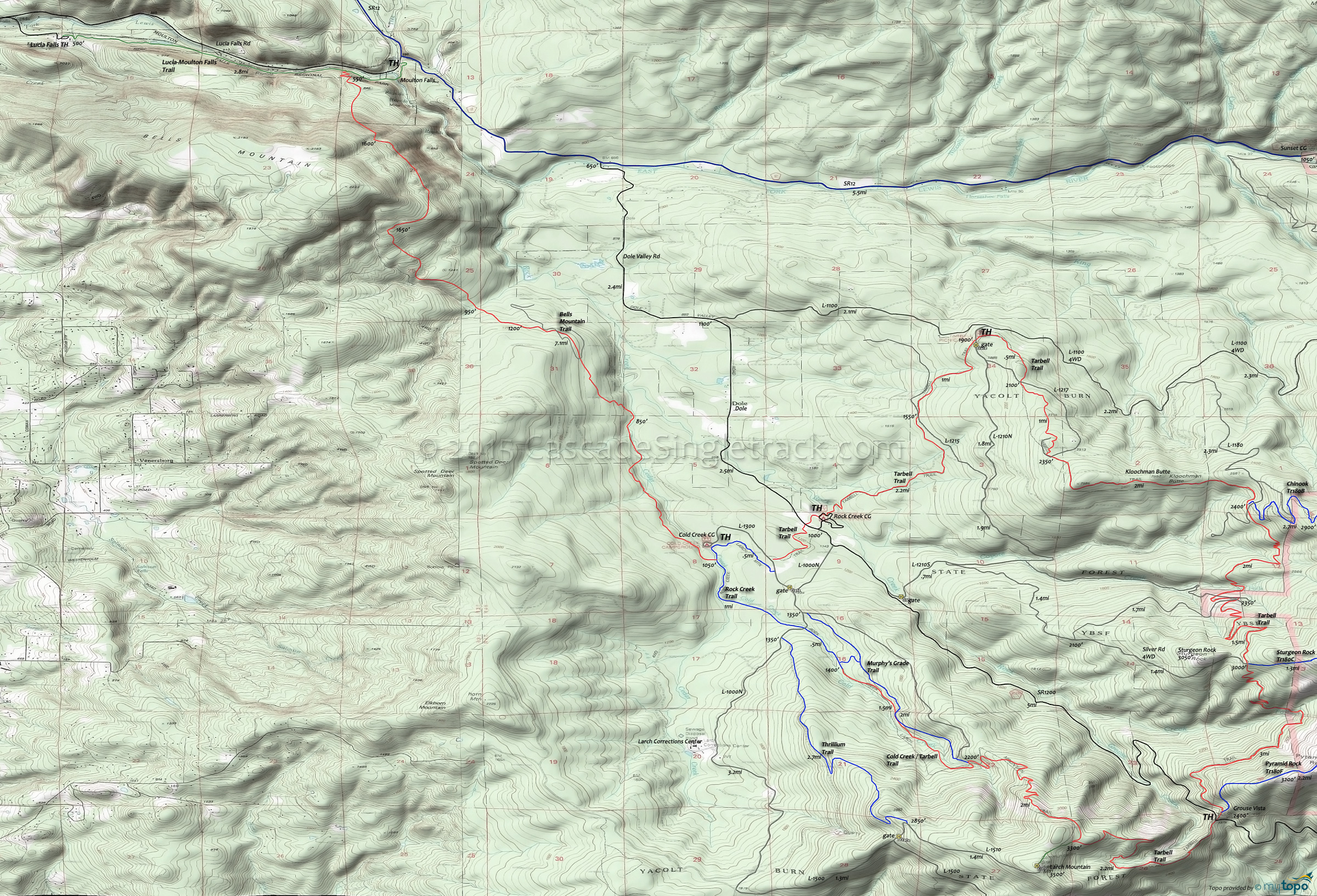Bells Mountain Trail, Chinook Trail 180B, Pyramid Rock Trail 180F, Silver Star Summit Trail 180D, Sturgeon Rock Trail 180C, Tarbell Trail Area Topo Map
