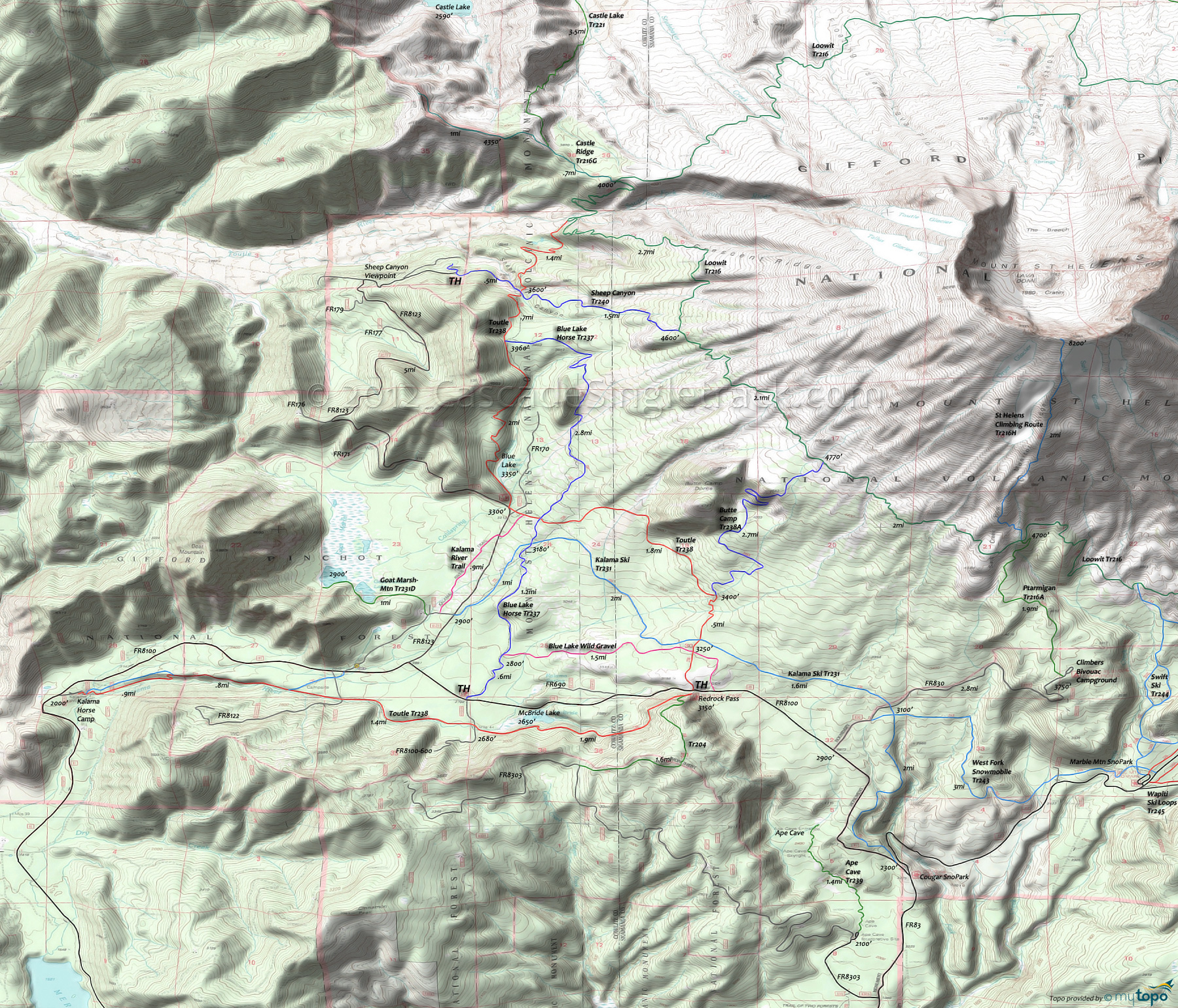 Blue Lake Horse Trail 237, Butte Camp Trail 238A, Loowit Trail 216, Sheep Canyon Trail 240, Toutle Trail 238 Area Topo Map