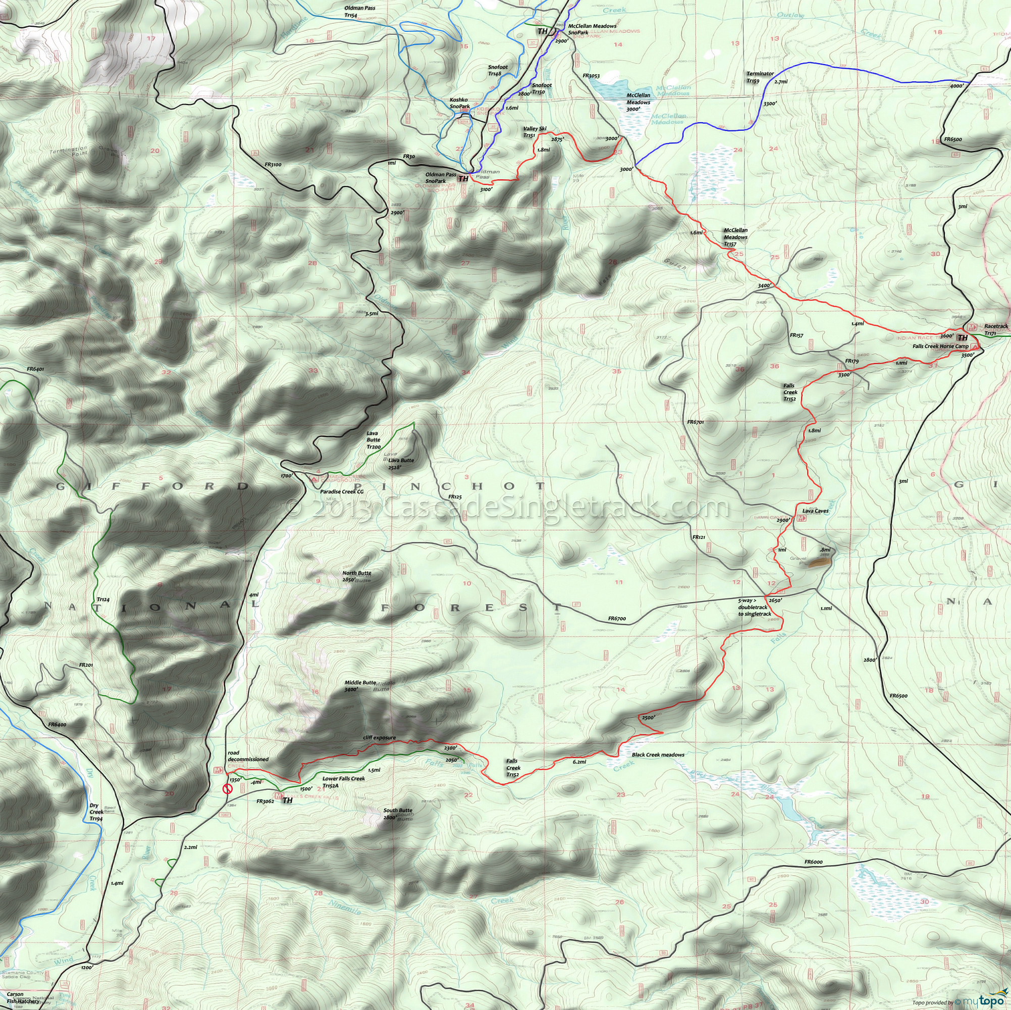Dry Creek Trail 194, Falls Creek Trail 152, McClellan Meadows Trail 157, Oldman Pass Trail 154, Paradise Trail 153, Snofoot Trail 150, Terminator Trail 159, Valley Ski Trail 151 Area Topo Map