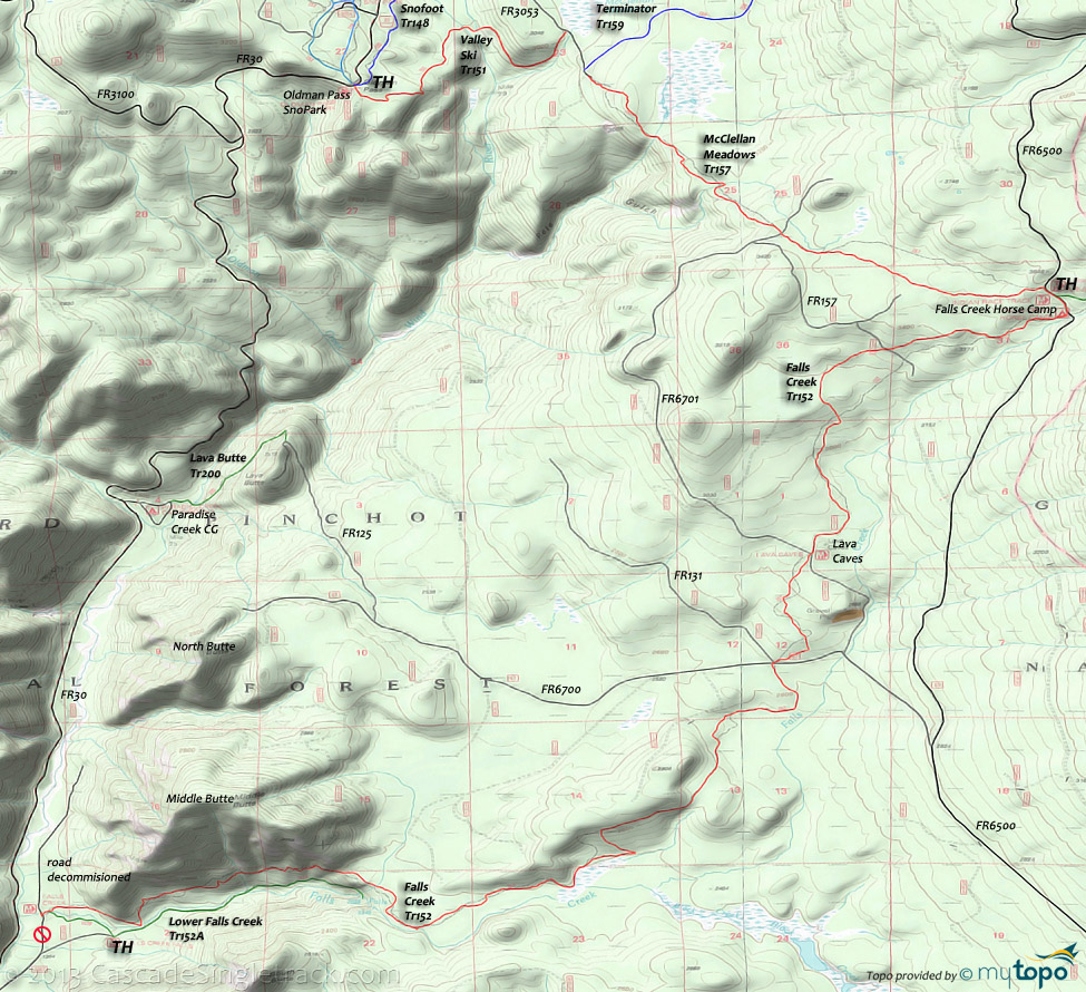 McClellan Meadows, Paradise, Terminator, Oldman Pass, Snofoot, Valley Ski, Lava Butte, Falls Creek Trail #152 Topo Map