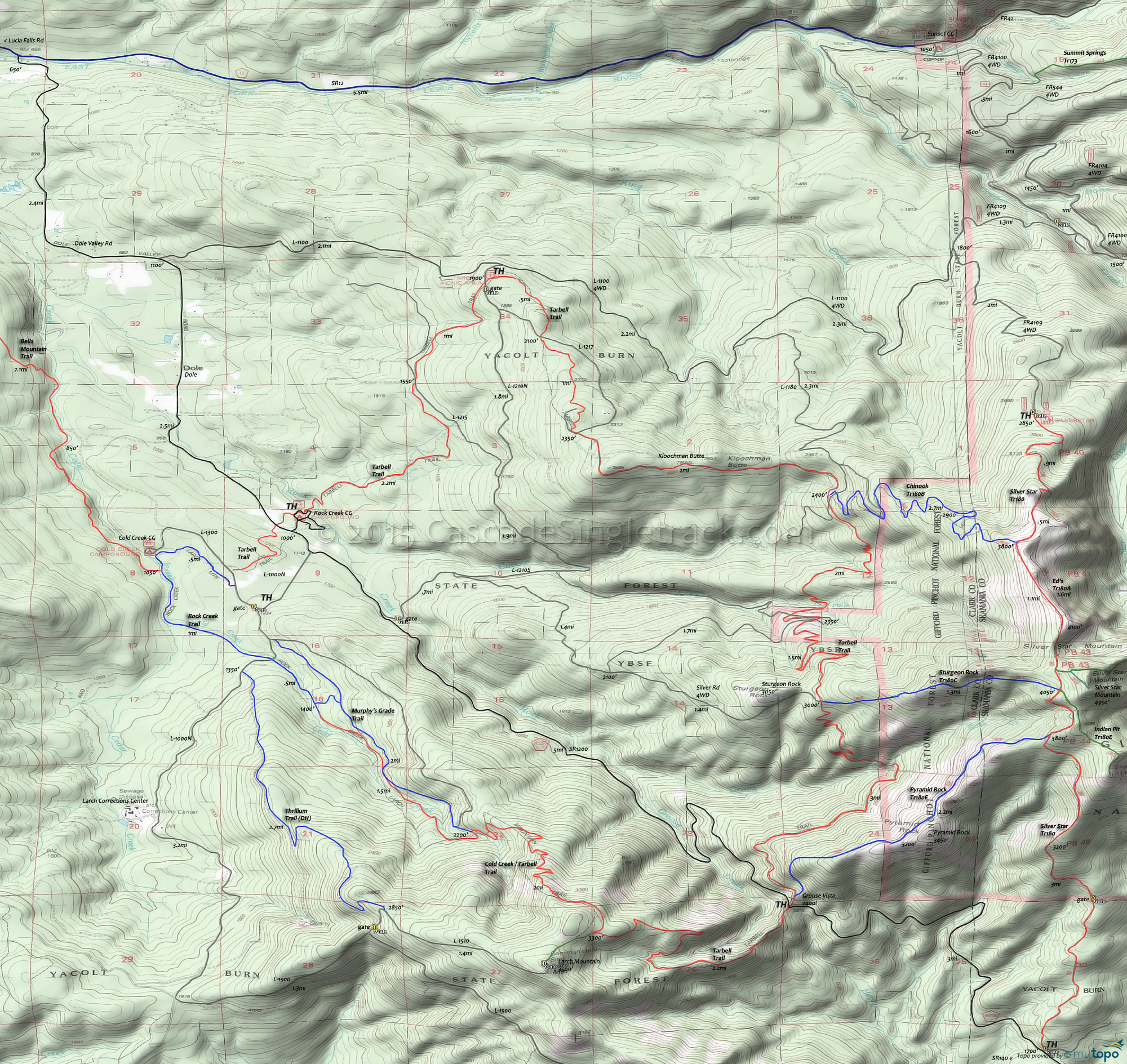 Chinook Trail 180B, Pyramid Rock Trail 180F, Silver Star Summit Trail 180D, Sturgeon Rock Trail 180C, Tarbell Trail Area Topo Map