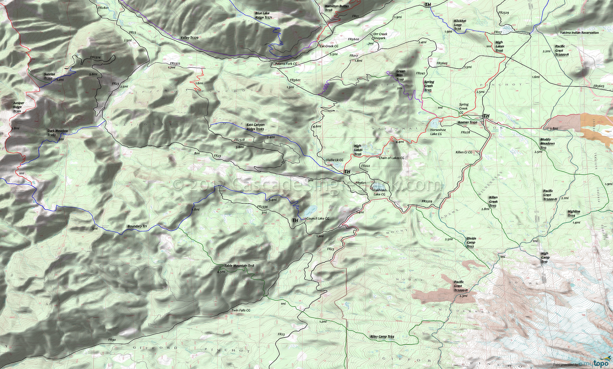 Divide Camp Trail 112, East Canyon Ridge Trail 265, Green Mountain Trail 110, High Lakes Trail 116, Keenes Trail 120, Killen Creek Trail 113, Muddy Meadows Trail 13, Pacific Crest Trail 2000-H, Spring Creek Trail 115 Area Topo Map