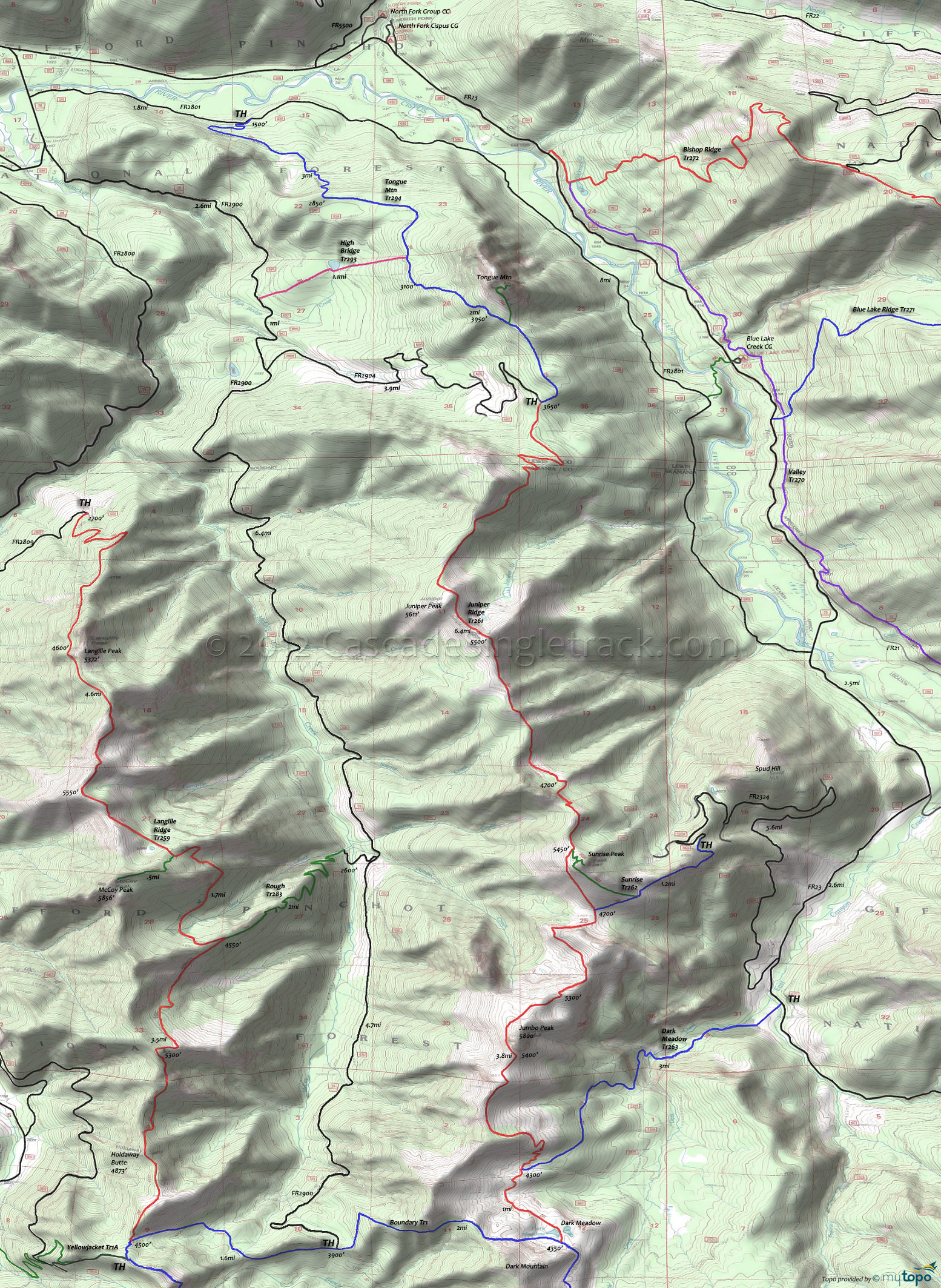 Dark Meadow Trail 263, High Bridge Trail 293, Juniper Ridge Trail 261, Sunrise Trail 262, Tongue Mtn Trail 294 Area Topo Map
