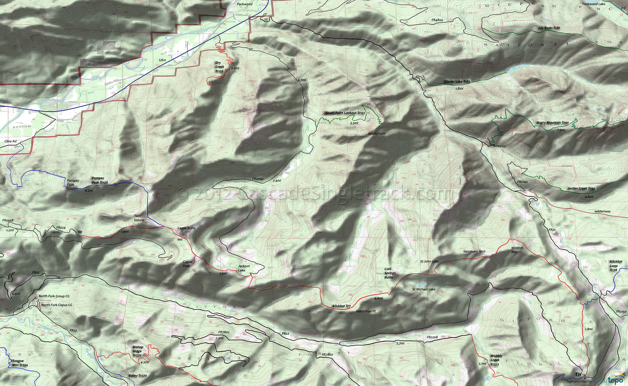 Cispus Lookout Trail 127, Dry Creek Trail 125, Glacier Lake Trail 89, Klickitat Trail 7, Pompey Peak Trail 128, South Point Lookout Trail 123, Wobbly Creek Trail 273 Area Topo Map