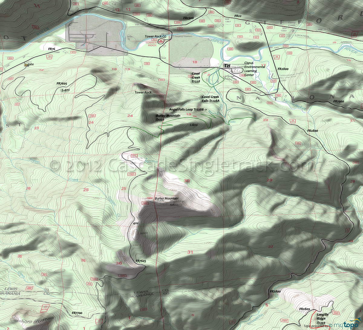Angel Falls Loop Trail 228B, Burley Mountain Trail 256, Cispus Nature Trail 223, Covel Creek Trail 228, Covel Creek Falls Trail 228A, French Creek Trail 5C, Snagtooth Trail 4 Area Topo Map