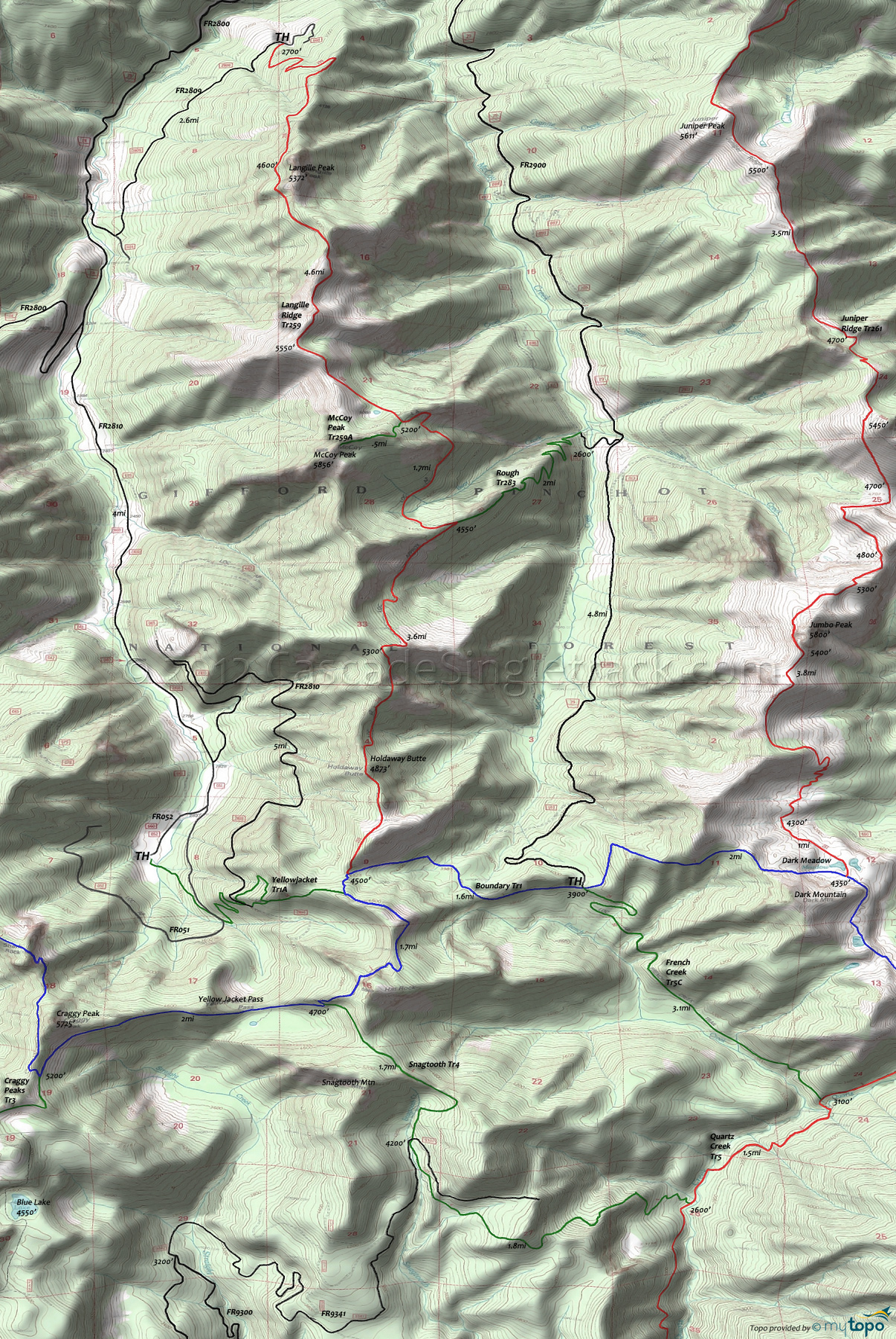 Boundary Trail 1, French Creek Trail 5C, Langille Ridge Trail 259, McCoy Peak Trail 259A, Rough Trail 283, Snagtooth Trail 4, Yellowjacket Trail 1A Area Topo Map