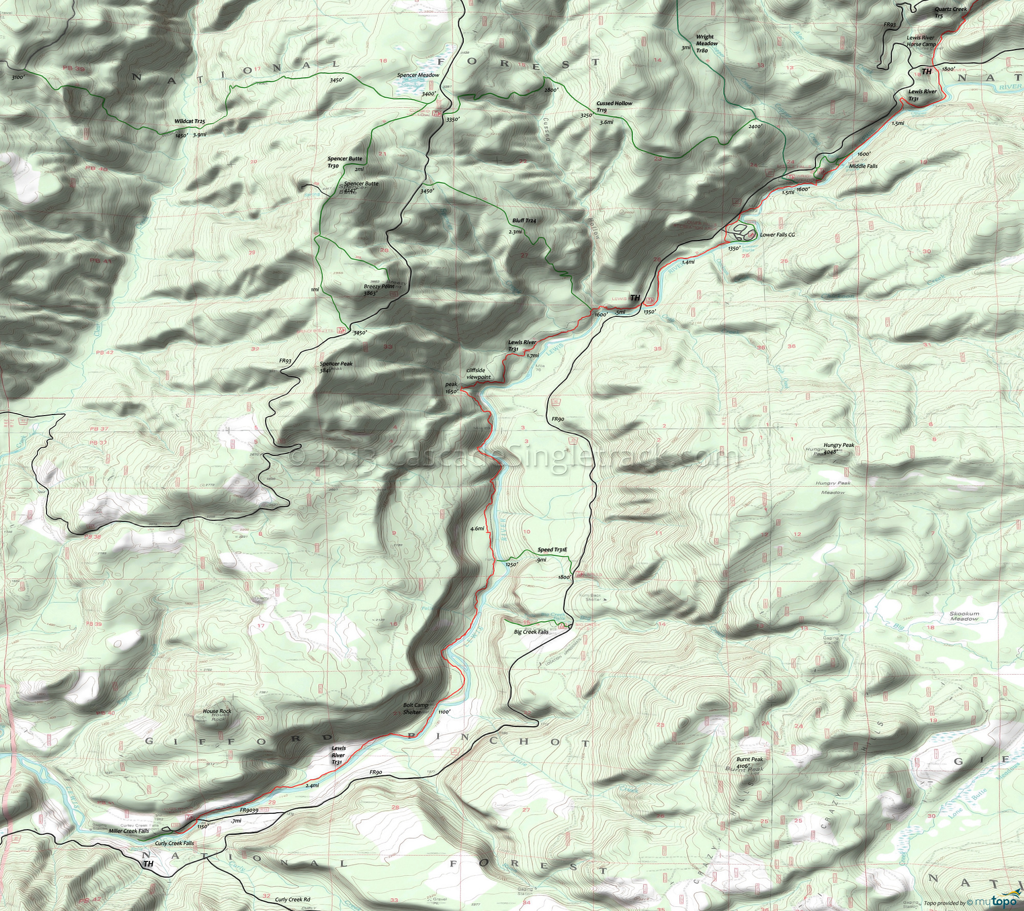 Bluff Trail 24, Cussed Hollow Trail 19, Lewis River Trail 31, Spencer Butte Trail 30, Wildcat Trail 25, Wright Meadow Trail 80 Area Topo Map