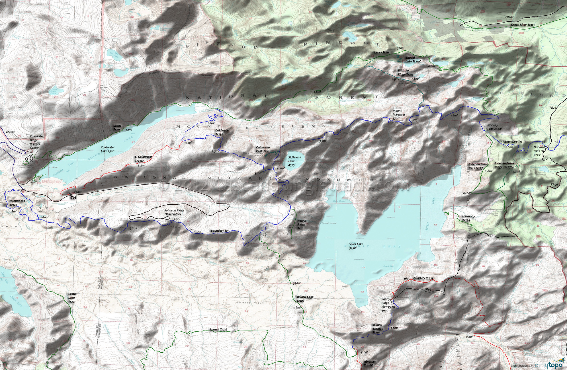 Boundary Trail 1, Coldwater Trail 230, Hummocks Trail 229, Independence Pass Trail 227, Panhandle Lake Trail 211B, Whittier Ridge Trail 214 Area Topo Map