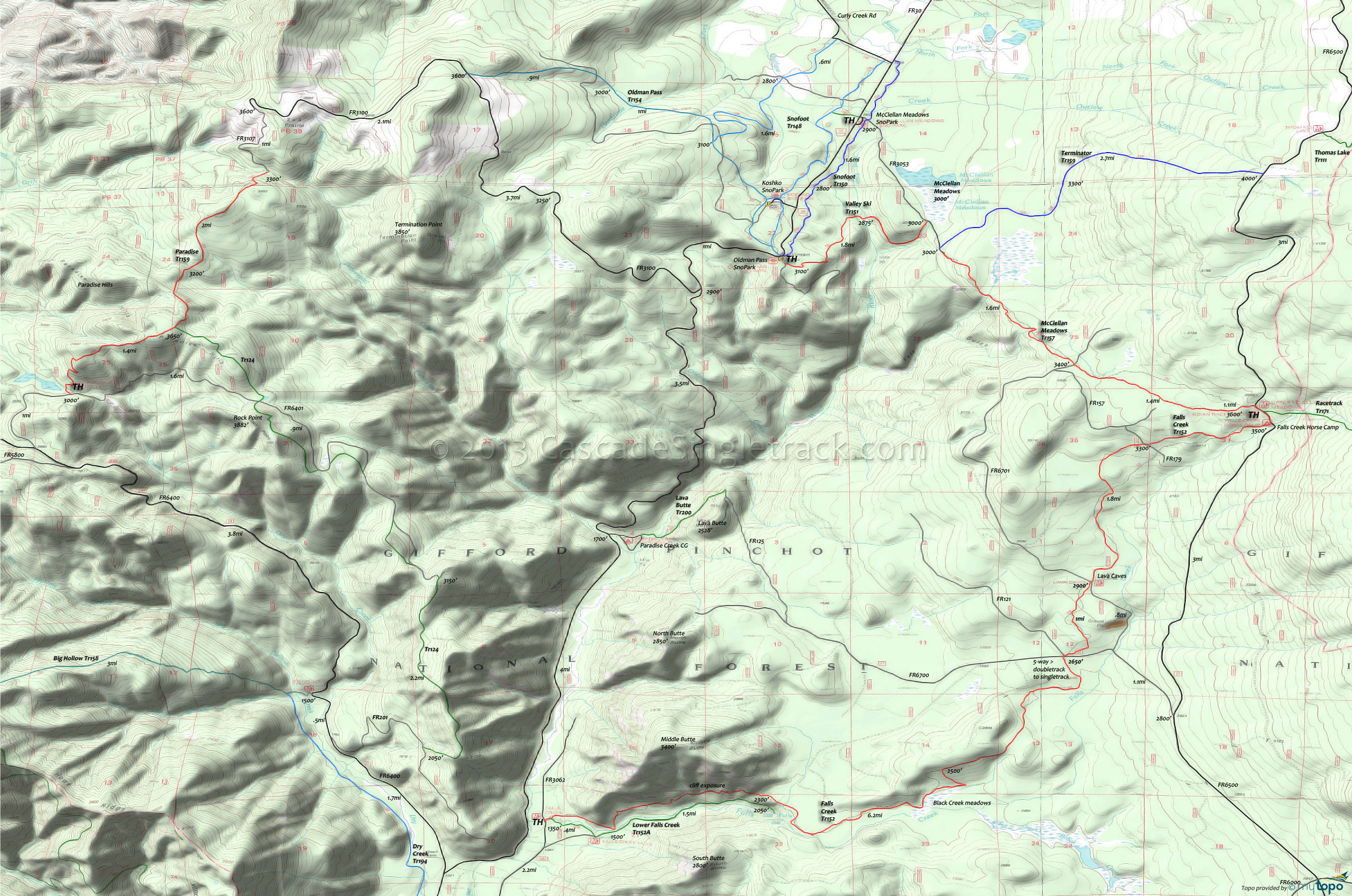 Dry Creek Trail 194, Falls Creek Trail 152, McClellan Meadows Trail 157, Oldman Pass Trail 154, Paradise Trail 153, Snofoot Trail 150, Terminator Trail 159, Valley Ski Trail 151 Area Topo Map