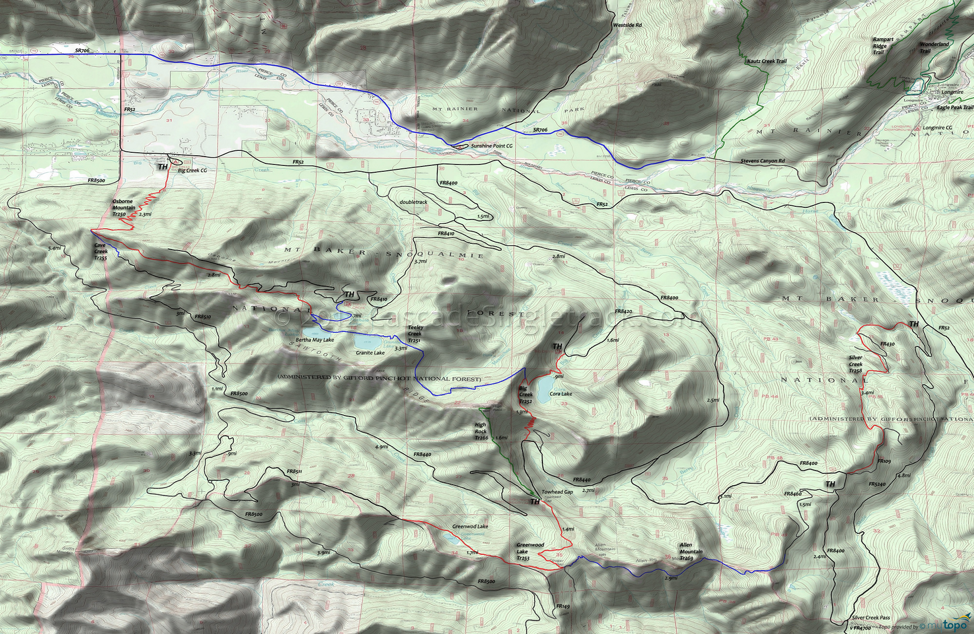 Allen Mountain Trail 269, Big Creek Trail 252, Cave Creek Trail 255, Greenwood Lake Trail 253, High Rock Trail 266, Osborne Mountain Trail 250, Teeley Creek Trail 251 Area Topo Map