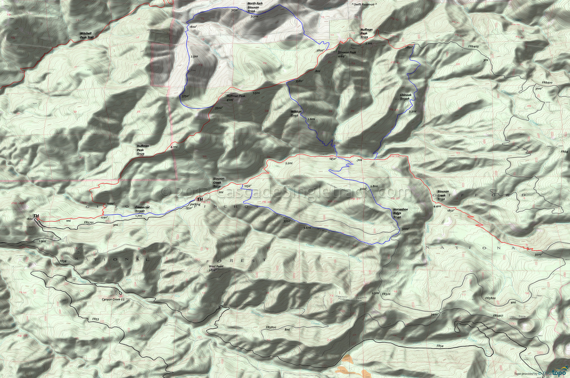 Chinook Trail 130A, Horseshoe Ridge Trail 140, Huffman Peak Tr129, North Fork Siouxon Trail 126, Siouxon Trail 130, Wildcat Trail 156 Area Topo Map