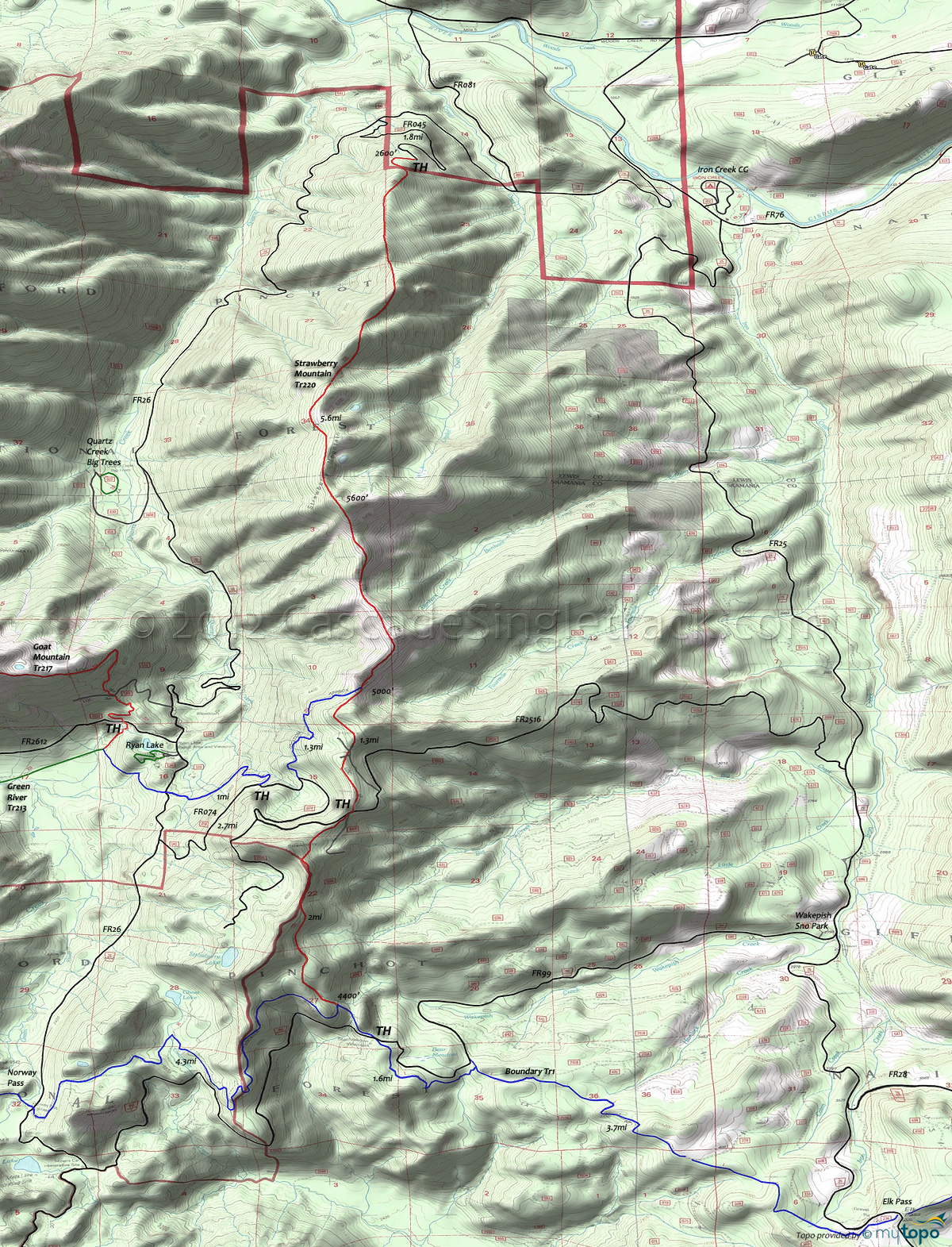 Boundary Trail 1, Strawberry Mountain Trail 220 Area Topo Map