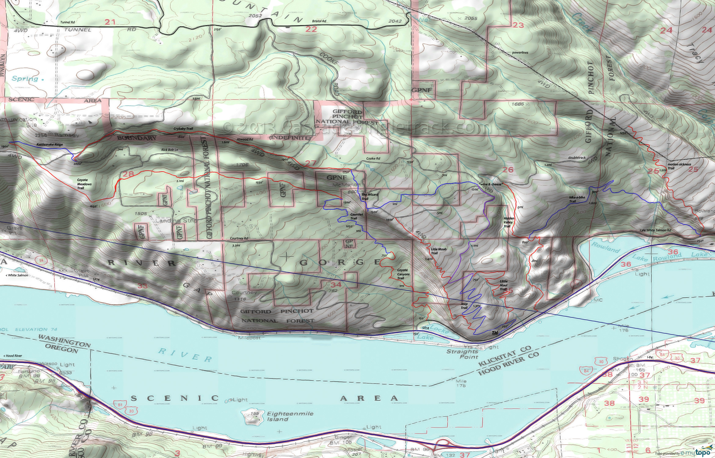 Syncline: Coyote Canyons, Coyote Meadows, Crybaby, Hidden Valley, Jeep Trail, Little Maui, Motion Sickness, Rattlesnake Ridge, The Wizard, The Gauntlet Area Topo Map