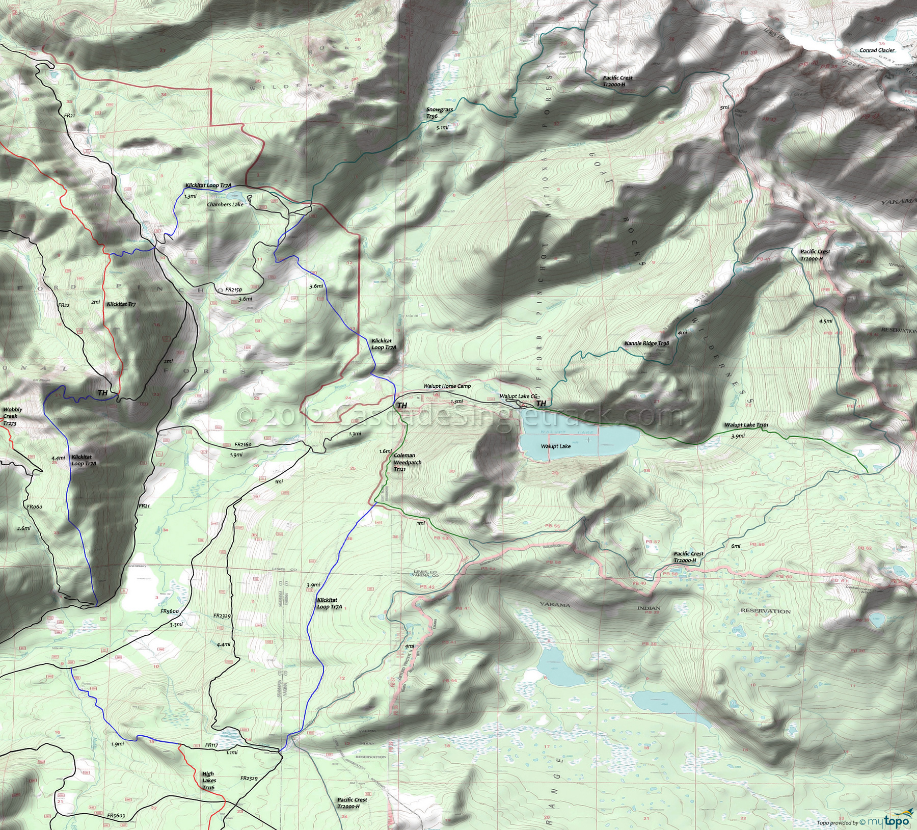 Coleman Weedpatch Trail 121, Klickitat Loop Tr7A, Nannie Ridge Trail 98, Pacific Crest Trail 2000-H, Snowgrass Trail 96, Walupt Lake Trail 101 Area Topo Map