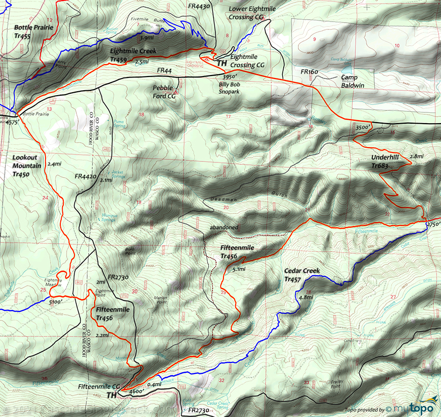 Cedar Creek Trail 457, Eightmile Creek Trail 459, Fifteenmile Trail 456, Lookout Mountain Trail 450, Underhill Trail 683 Area Topo Map