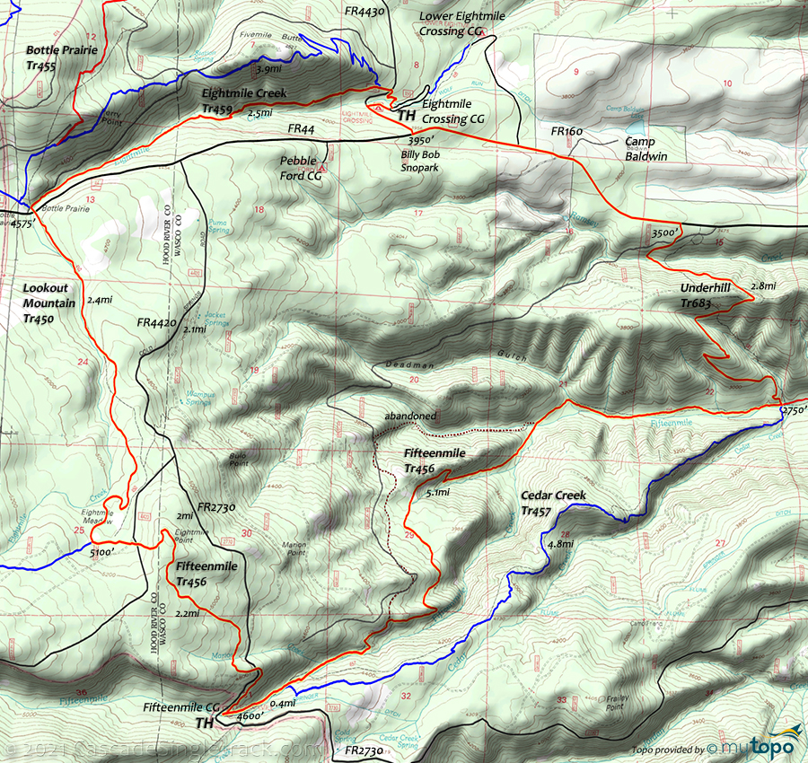 View of Eightmile Cr, Lookout Mt, Fifteenmile Cr, Underhill, FR44 CCW Loop Topo Map