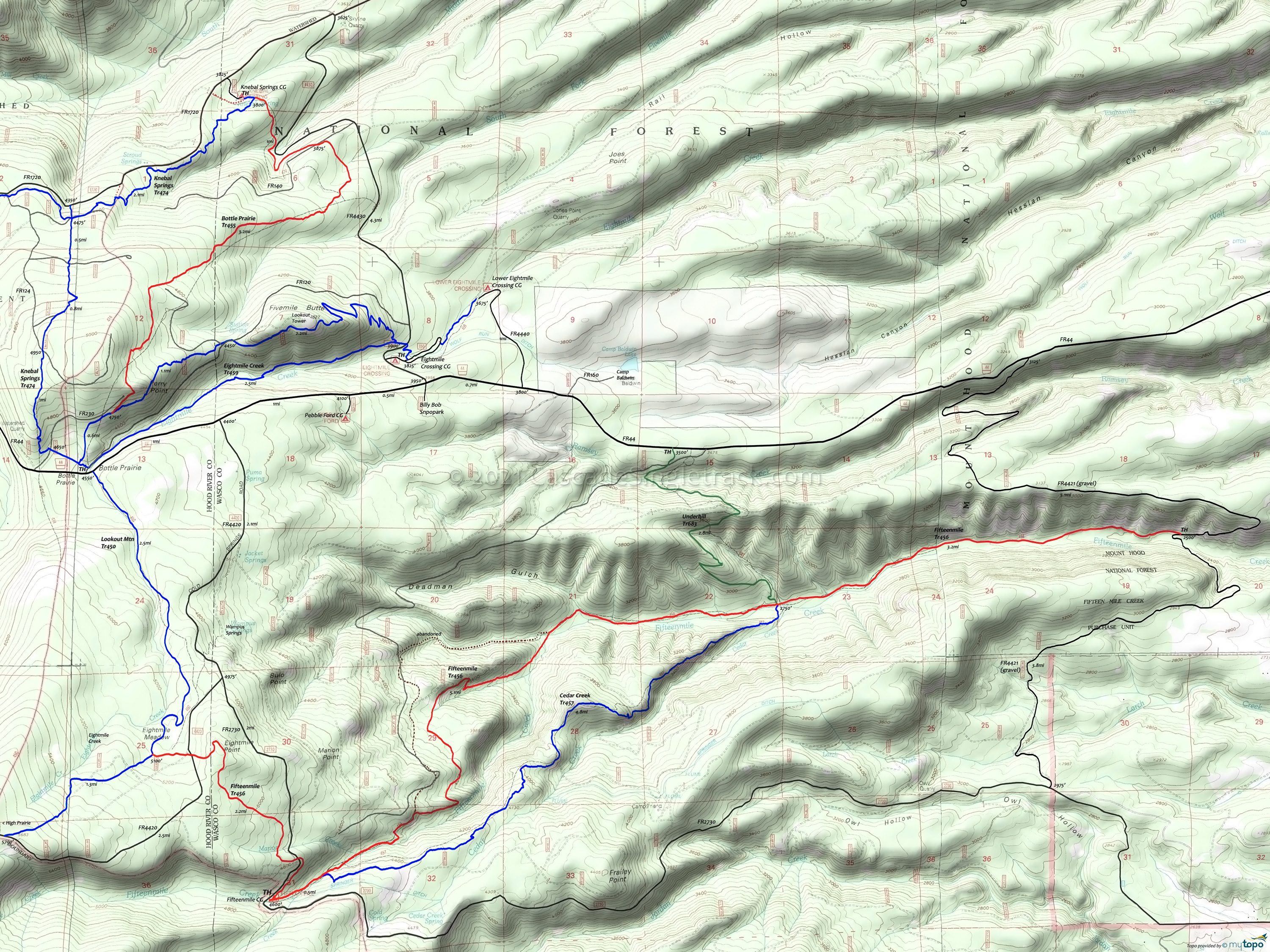 Bottle Prairie Trail 455, Cedar Creek Trail 457, Cooks Meadow Trail 639, Eightmile Creek Trail 459, Fifteenmile Trail 456, Knebal Springs Trail 474, Lookout Mountain Trail 450, Underhill Trail 683 Area Topo Map