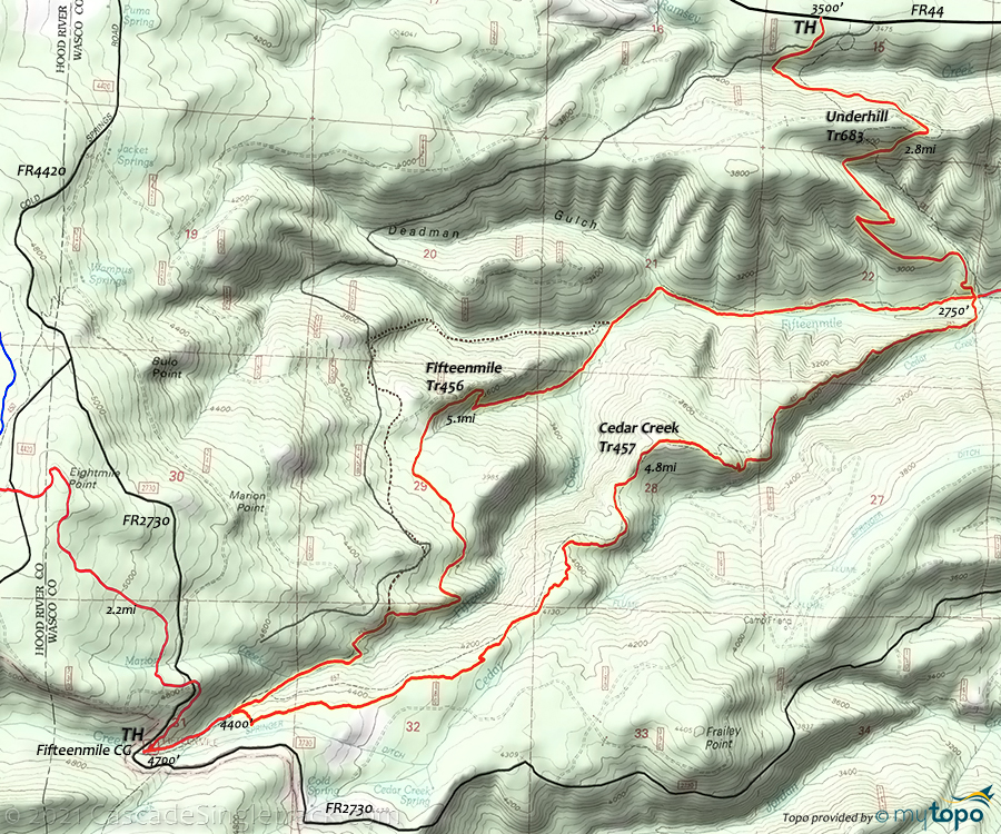Cedar Creek Trail 457, Fifteenmile Trail 456, Underhill Trail 683 Area Topo Map
