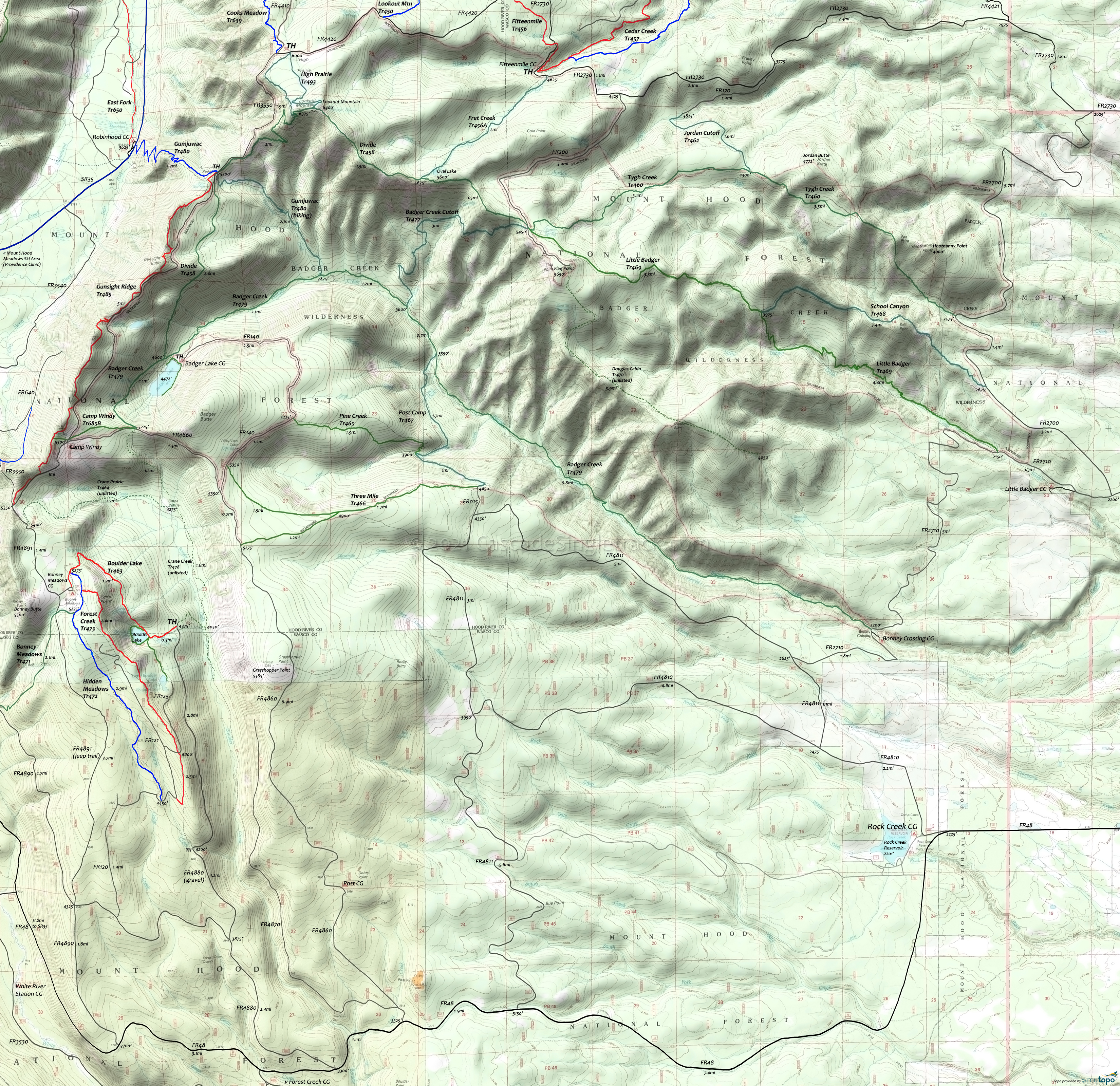 Badger Creek Wilderness Trails Area Topo Map