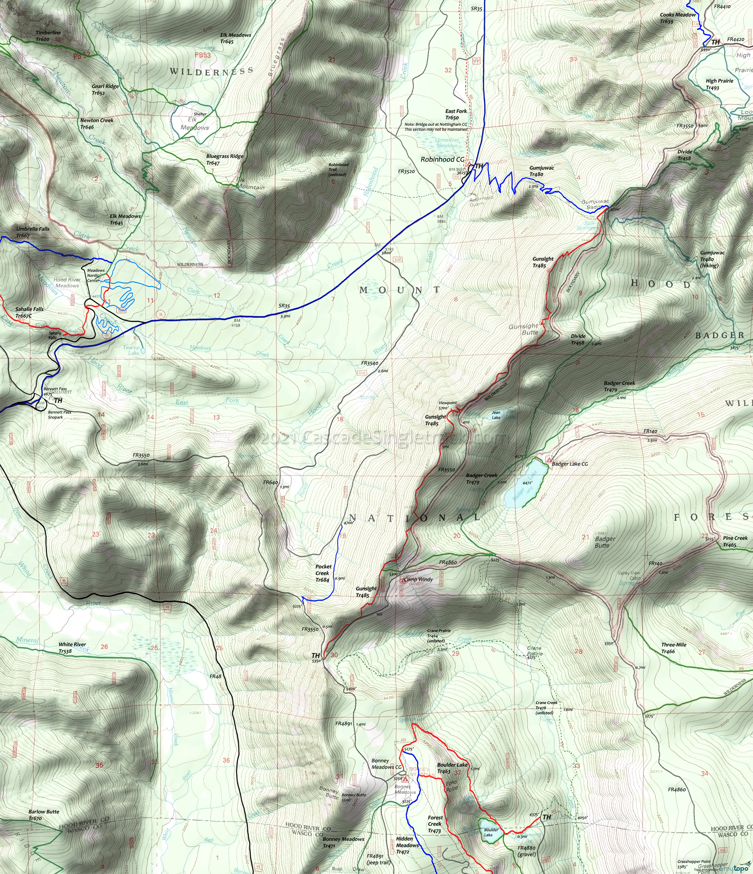 Gumjuwac Trail 480, Gunsight Trail 485, Pocket Creek Trail 684 Area Topo Map