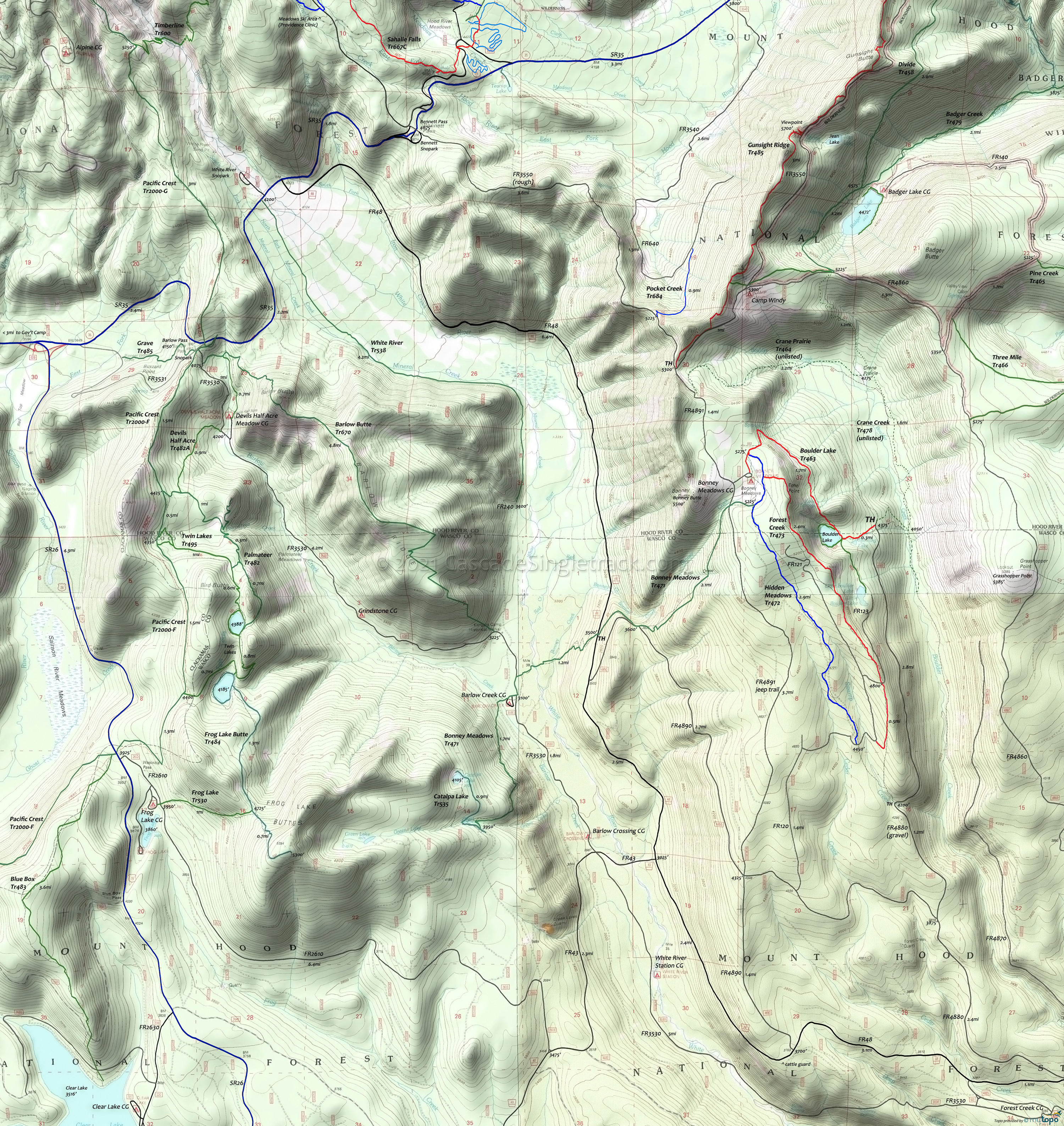 Bonney Meadows Trail 471, Boulder Lake Trail 463, Casey Creek Trail 476, Forest Creek Trail 473, Hidden Meadows Trail 472 Area Topo Map