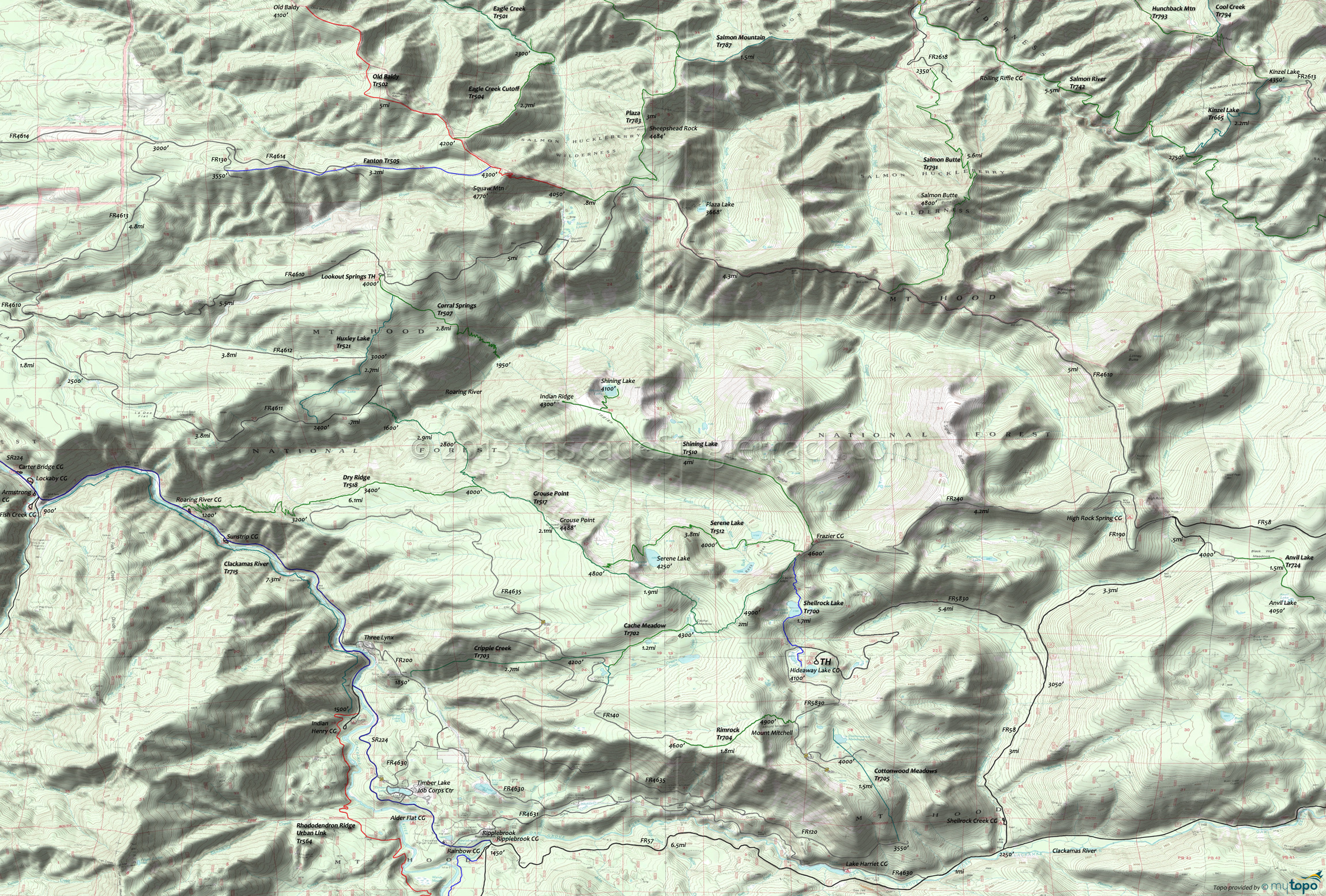 Cache Meadow Trail 702, Corral Springs Trail 507, Cripple Creek Trail 703, Dry Ridge Trail 518, Grouse Point Trail 517, Huxley Lake Trail 521, Serene Lake Trail 512, Shellrock Lake Trail 700 Area Topo Map